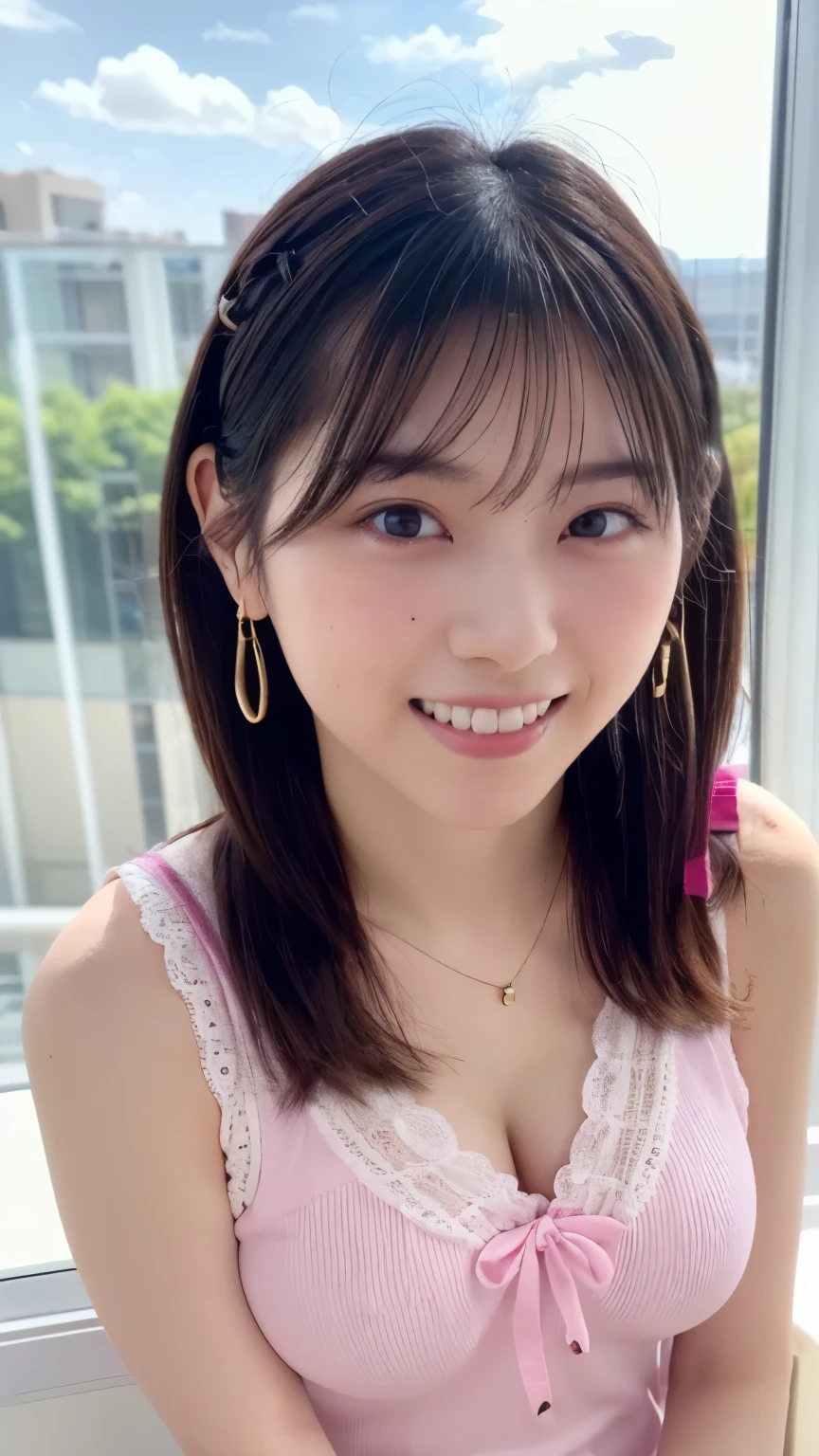 1 Japanese beauty , depth off field, first-person view, f/1.8, 135mm, Nikon, ultra high definition, retina, masterpiece, accurate, anatomically correct, textured skin,Very white skin、 clear skin 、 Super Detail, high detail, high quality, Best Quality, high definition, 1080P, high definition, 8k, (big boob:1.4), Japanese beauty 1 person, (Big round eyes:1.4).(she has heterochromia, and her eyes are different colors, which makes her incredibly captivating)、(Drunken Blush Makeup)、round face、She is smiling very happily、INSANELY BEST SMILE、is smiling with her mouth open、Her front teeth are neatly arranged、cute little vampire fangs、(Braided Top Knot,twisted side part ponytail、Braided Headband,half up、Braided Space Bang,voluminous fishtail braid,Twisty Bang)、(She is wearing a cotton collared blouse(vivid magenta:1.5))、break、(She's wearing a see-through lace panties)、She is in an IT firm's office at sunset、break,She is sitting in a window seat、I can see a skyscraper city out the window