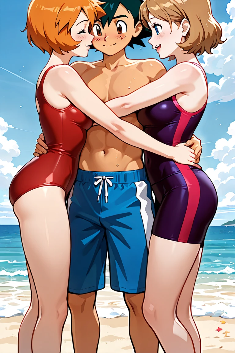 (Man wearing boomerang pants:1.5),((men and women:1.5)),(((A couple wearing swimsuits is playing in the sea:1.8))),((My muscular husband in boomerang pants:1.8)),((Wife showing cleavage with huge breasts:1.5)),(Smiling Beam:1.5), Two people,Highest quality, 4K, masterpiece, Very detailedな, Studio Lighting, Hilarious, Vivid expression,super high quality, Very detailed,Perfect photo,3d,8k,High resolution,Black Hair,(black eye:1.5),Sporty hairstyles,Smooth anime CG art,