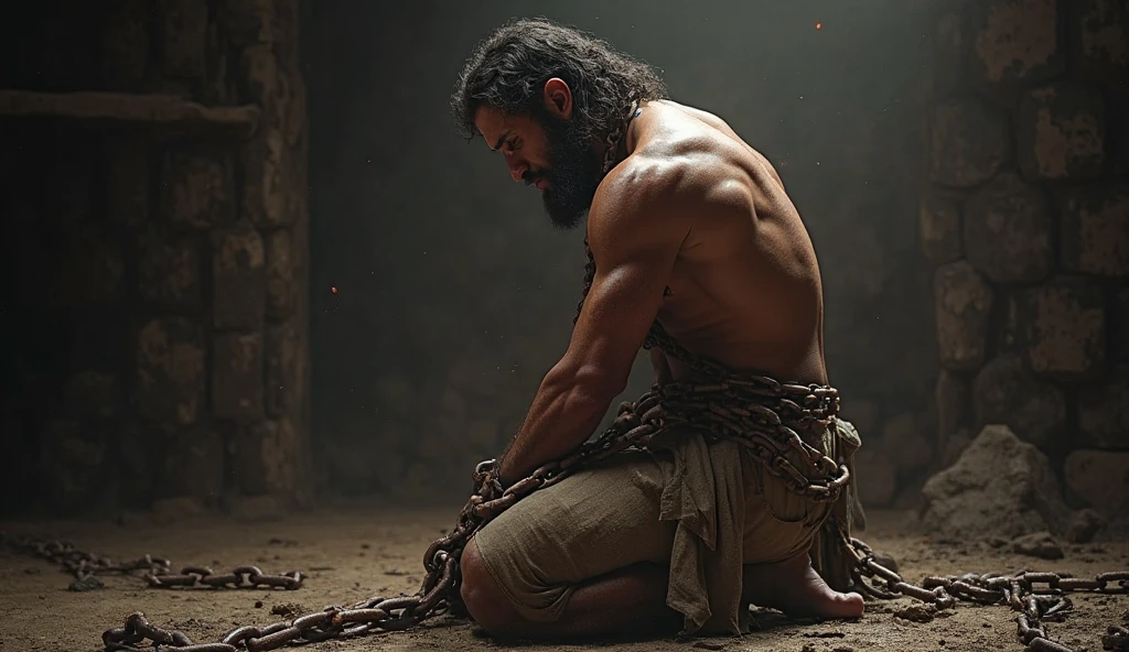 A person in a cave that is chained in the neck, both arms and one leg