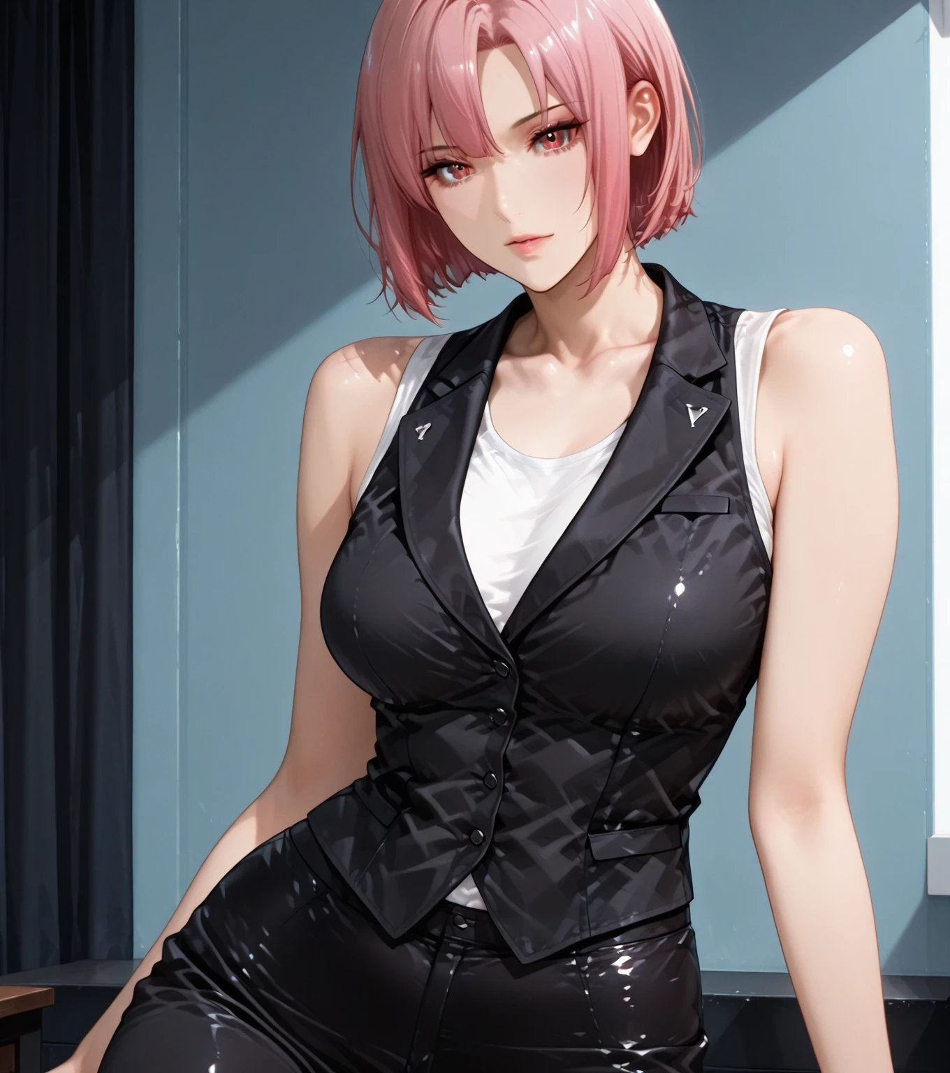 Erotic、Black sleeveless sweater mini skirt Pink line、Short Hair、Evil female executive、tall、sexy、Erotic Sneer、lure、Alluring、Pitch black background、Dark bedroom at night、Open long coat jacket