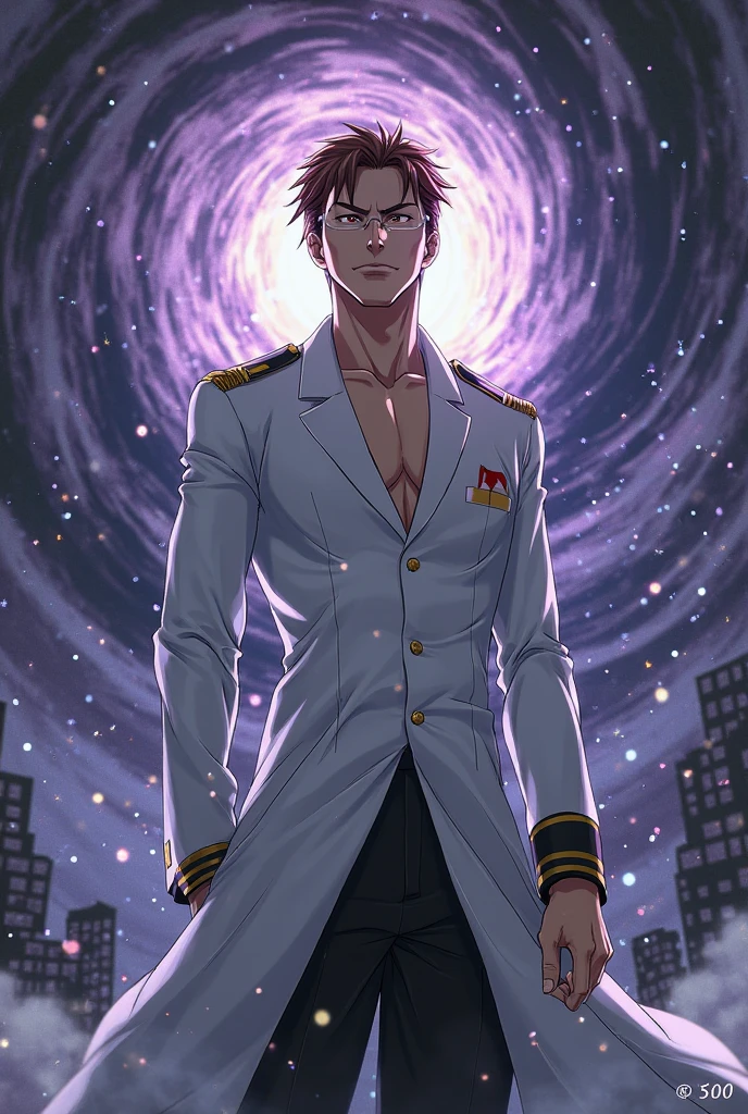 perspective, foreshortening, symmetry, from below, 
tatsuyashiba,  tatsuya shiba, 
( jojo pose:1.2), muscular, MUKSAL,
blue eyes, black hair, male focus, loose necktie, necktie, abs, pants, open clothes, open shirt,  black pants, school uniform, long sleeves, expressionless, cowboy shot, looking at viewer, solo, 
unbuttoned, muscular male,
glowing eyes, walking, 
magic circle, 
[moon:halo:0.3], sky, night, cityscape, 
outdoors, 
score_9, score_8_up, score_7_up, source_anime, 
 <lora:muksal3.0:1> <lora:tatsuya-shiba-s2-ponyxl-lora-nochekaiser:0.8>