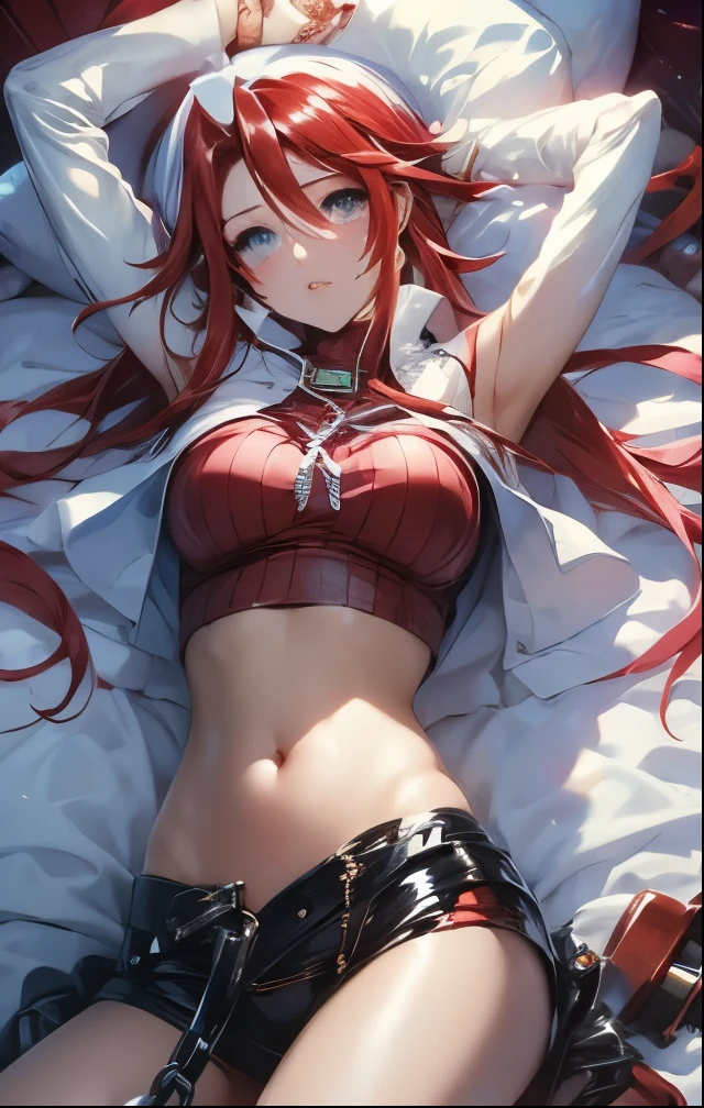 (((SFW、Highest quality、 first class masterpiece 、normal body 、32k、detailed face、super precise、normal hand、5 fingers、Highest)))、Atti(summon night)、Aty(summon night)、Beautiful Girl、Red-silver hair、disheveled hair、beautiful breasts、slender、 slim、 can be used、Tattered Red Tight Suit Full of Holes、torn clothes、 Navel Exposure 、chest exposed、Muscle Exposure、super miniskirt、Blushing Embarrassingly、Pushed down、with open arms、Chain Lead Slave Iron Collars、Chain Bondage、I can't move、by Night Toy、ChainBondage、Shy open leg chain restraint、A lot of chains、bed crucifixion bondage、big pink heart aphrodisiac pimples on lower abdomen、Forced Consequence、Womb Tattoos、big pink heart tattoo on navel