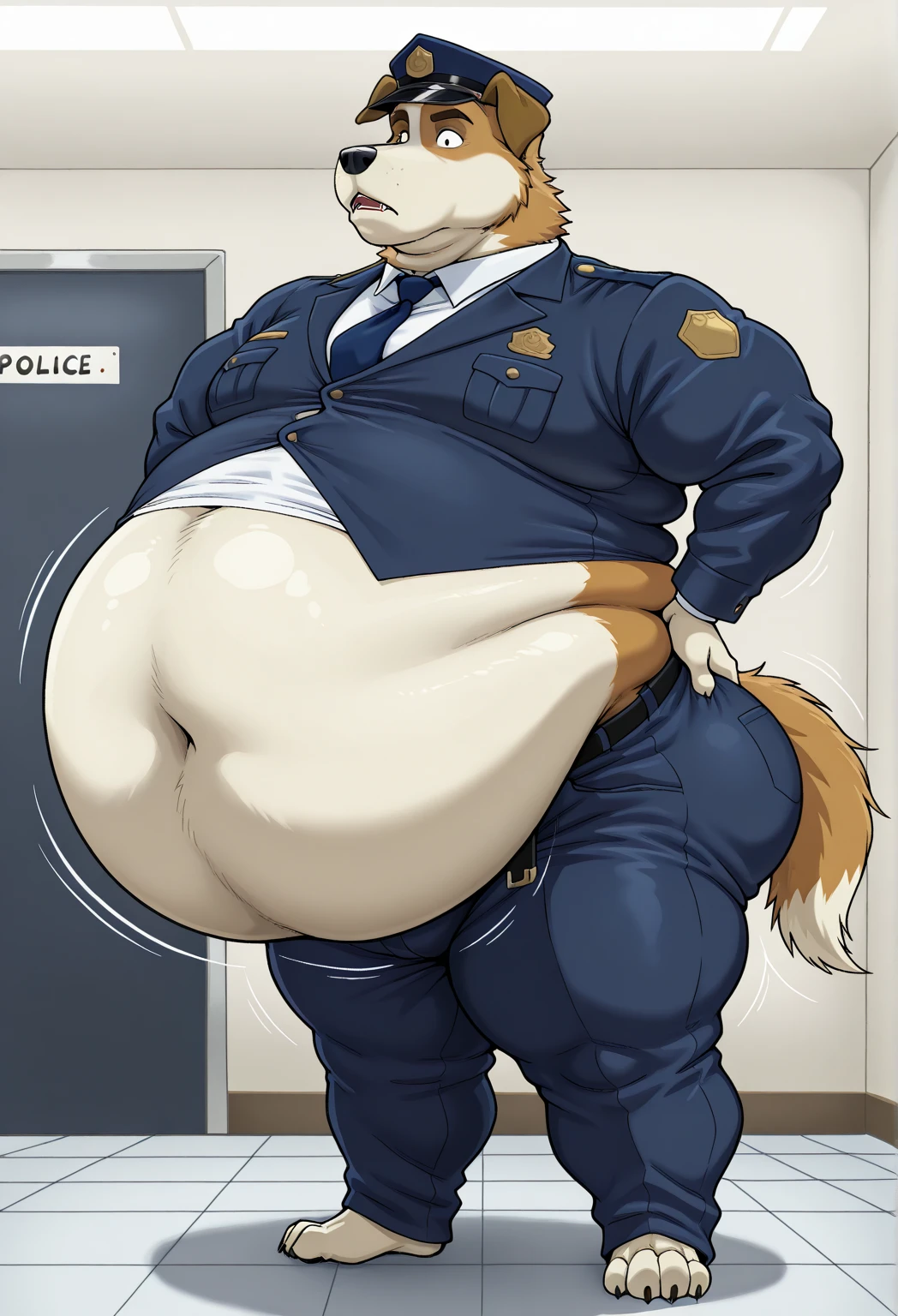 (sfw, 8K, Masterpiece, high resolution, super fine illustration:1.3), (anime:1.2), (fluffy:1.5), detailed background, solo, (cool, beautiful), (female black wolf anthro:1.5), (plump, thicc:2.0),(huge breasts:2.75),(big ass, thick thighs:1.8), (police uniform, interrogation:1.5), sadistic, seductive, grin, sweat