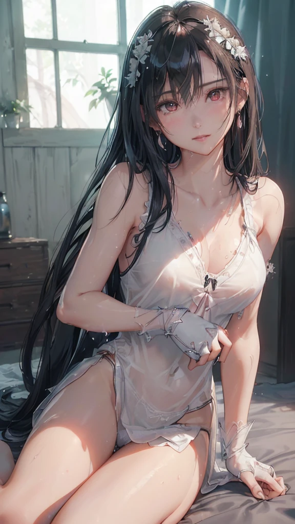 Shorts, arms crossed, cool, sheer, realistic: 1.33, ((((wet white shirt)))), (no bra))))), exposed shoulders and entire navel, no pants, ((((wet thin line thong panties)))), almost completely naked, nsfw, panties almost transparent, ((delicate private details)), (((thin line thong panties))) (master masterpiece: 1.2), best quality, high resolution, gradient pink hair, very detailed wallpaper, lying in bed, (Very detailed CG: 1.2), Heterophyllum, ((Bare pubic hair: 1.5)), Transparent, Full body, stockings, photorealism, ((Cameltoe: 1.5)), 8k, Perfect artwork, ultra-detailed rendering, highest quality, high resolution, detail maniac, realistic eyes, HD, high quality, delicate face, detailed body limbs, 1 girl, solo, fishnet clothes, dark lips, high forked long sleeves, bare breasts, blush, highlight, superb breasts, superb figure, white stockings, tights, open crotch, stockings, slim figure, dynamic posture,