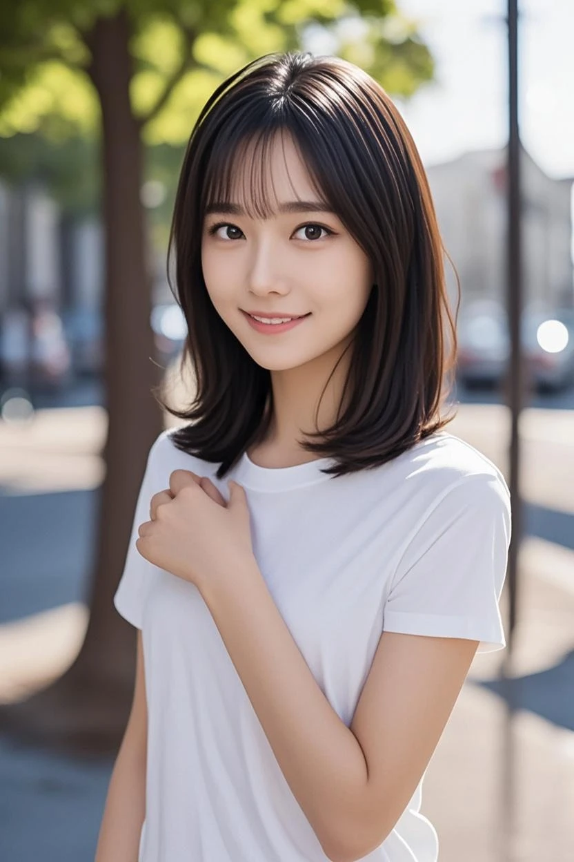 masterpiece、best quality、Ultra-high resolution、(Photorealism:1.4)、((1 Girl、fair skin:1.4、Looking at the audience、24 years old、Spotless、a delicate face、Shiny face、skin shiny、shiny skin、Black、beaver_cut、Short hair with bangs、Large Breasts))、(Chest、Chest有汗水、Showing off muscles、Punk white t-shirt、tight t-shirt、Not worn、Not worn、Punk Girl)、(a smile、happiness、joy、Lively、Shut up)、(Hold your breasts between your arms and pull them closer)、Highly detailed eyes、Long Neck、(((Short hair with bangs)))、eyelash、big eyes、((very beautiful、very beautiful))、(((Natural sunlight、Stretch out your ears、Staring at the audience、attract the audience、Breast bursting、Bright spots in the eyes)))