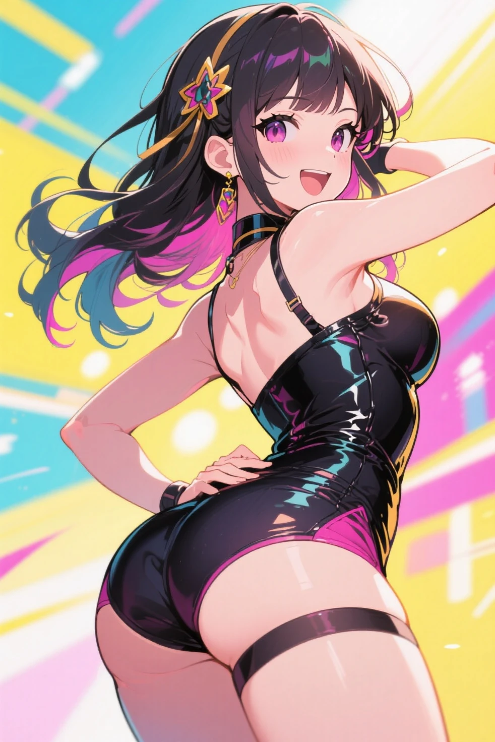 1 girl, sweets, (Tight pants),pumps, Pose for camera, Pop atmosphere, cute, Long Hair, Brown Hair, (hair ornaments), Vivid expression, Bright smile, , Shiny garments ,beautiful brown eyes in every detail, (Heart shaped eyes), Pastel pink background,1, Colorful Hair, Straight hair, beautiful, Shining Eyes, Romanticism, modern art, Impressionism, reflected light, 8k, masterpiece, Advanced Details, Highest quality, Accurate anatomy
