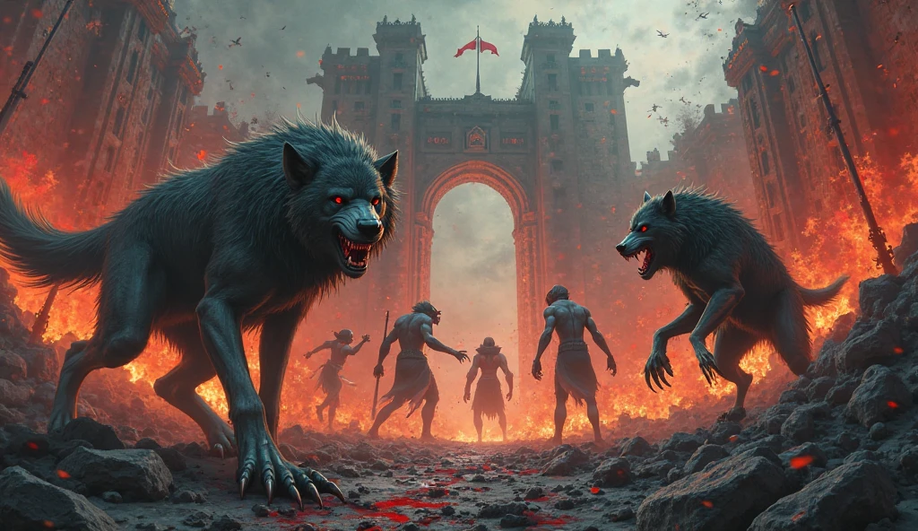 The monsters coming out of the open cage are fighting each other. Bloody and destructive scene, chaos spread all around. King stand aloof and have fun