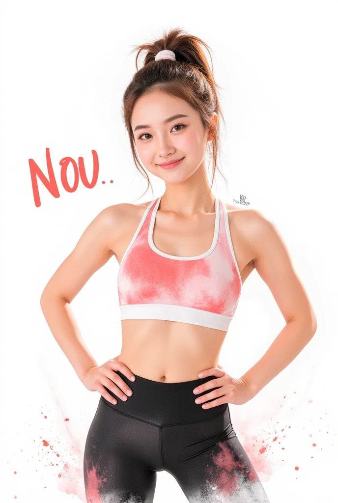 1 Girl, Beautiful, Baby Face, 20 Years Old, White Skin, Bare Breasts, Sexy Pose, Gymnastic Outfit, , Muscles, Bokeh, In the Zero Gravity Experience, Masterpiece,Wearing a sports bra and Tight red jeans, Joyful facial expressions,Waving your arms in the air,with one's legs spread at 180 degrees,1girl