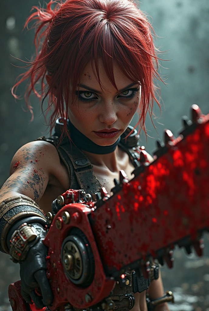 dripping blood, era, warped, 18, captivating, beautiful, sadness, vermilion, singing, a fierce post apocalyptic tribal warrior, cyberpunk style, instead, misshapen, female hunter, classic, drift, deep red eyes, sharp focus, fantasy, beautiful female character, digital art, steel metal rust, wide, blurry, tranquil, palm trees, colors, dynamic movement