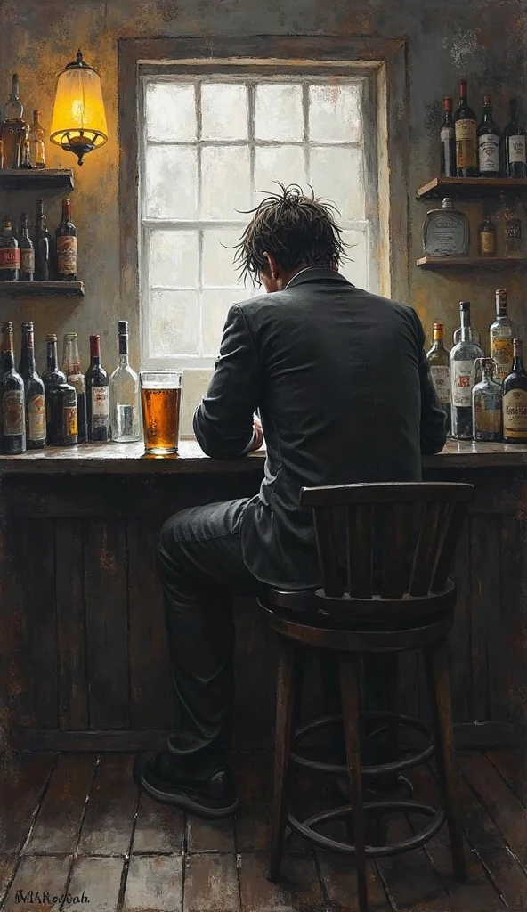 A drunk man who has had too much alcohol, many empty wine glasses, many liquor bottles, a counter bar, a morning window, sunlight, an empty image,