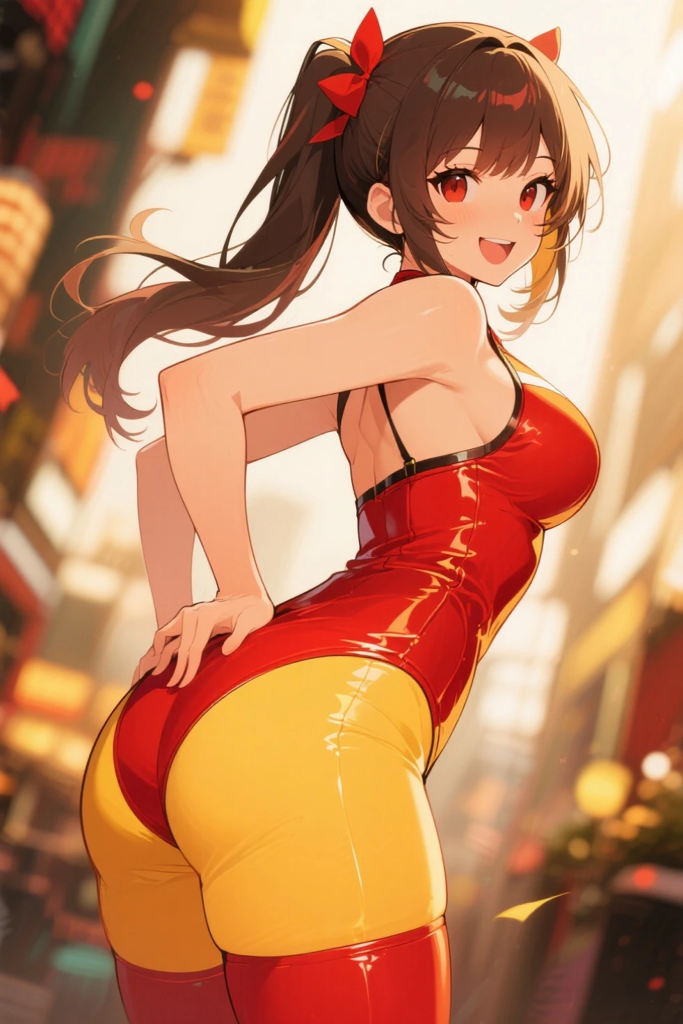 realistically、Super high saturation、8k、red long curly hair(((A 30-year-old girl)))、((She is wearing an orange and crimson turtleneck swimsuit。)).、swim、Thighs are thicker、Pay attention to muscle development。、turn around,show your butt、Various sexy pose swimプールround olympic 体操選手ics stadium 美しい顔, Highly detailed facial and skin textures, (Eyes have small wrinkles, double eyelids, thin eyebrows, glitter eyeliner: 1.2, natural cheeks, skin shiny, White skin,, (shiny lips: 1. 4),Sweating 1.0、(((vitality)))