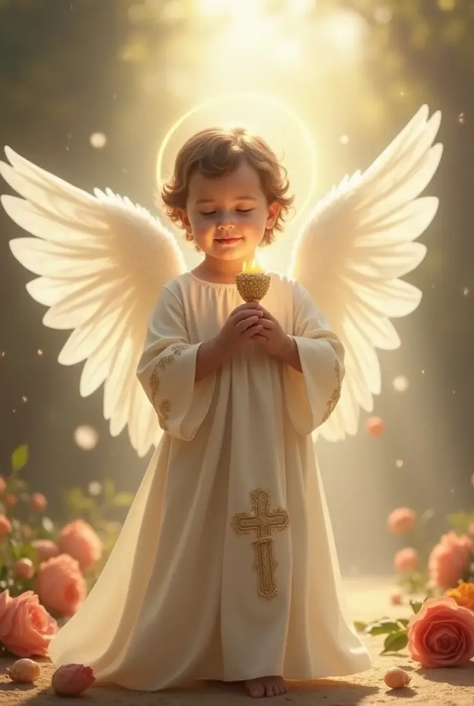 Create a scene of a 1 month old baby, com cabelos loiros ondulados, realistic and with angelic wings for prayer videos. The baby must be standing, with a calm expression, dressed in angel clothes and looking directly at the camera with open eyes. Baby angel alone. As asas do anjo devem ser delicadas e brancas, fixed on the baby. Baby in a paradisiacal environment, com uma suave luz dourada ao seu redor, evocando uma atmosfera de paz e espiritualidade. This image will be used as a visual representation in prayer videos, creating a sense of serenity, Hope and divine protection. Concentre-se em capturar detalhes realistas, Por favor, Look up at the camera. foco frontal, staring directly at camera. 8k, Ultra realista