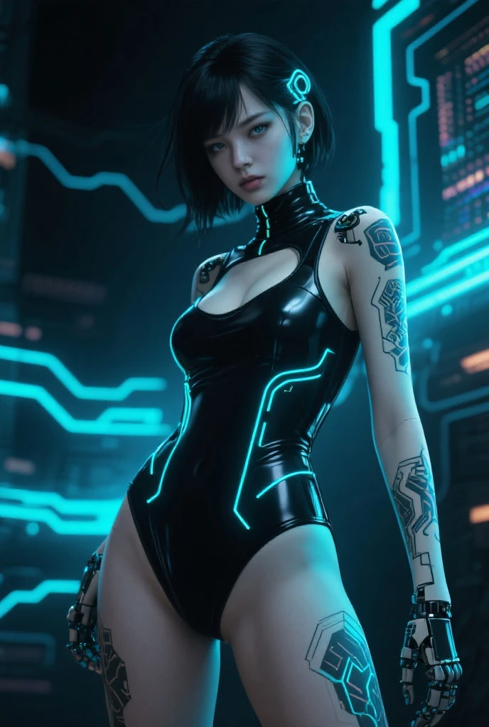 Masterpiece, (complex [cyberpunk|elfpunk|sci-fi] 3d render), cinematic lighting, front view, highly detailed photo of (alluring [wood elf|woman|cyborg] techno mage with short cyberpunk hair:1.1), cyber optics, amber eyes, perfect face, slightly partled lips, seductively posing, (wearing tight-fitting futuristic leotard that hugs her curves), (cyber wear:1.2), mechanic joints, robotic parts, silicone, wires, athletic body, small breasts, vivid details, cybernetic tattoos, (Ghost in the shell film still), modern cyberpunk artwork, [[ambient lighting]], photographed on a Canon AE-1, 50mm F/2 film lens, (highly detailed, intricately detailed), 
Dystopian cyberpunk Tokyo in the background, [neon lighting], Kodak Portra 400, absurdres, film-like, 35mmstyle, (film grain:0.8), (full body:0.9)