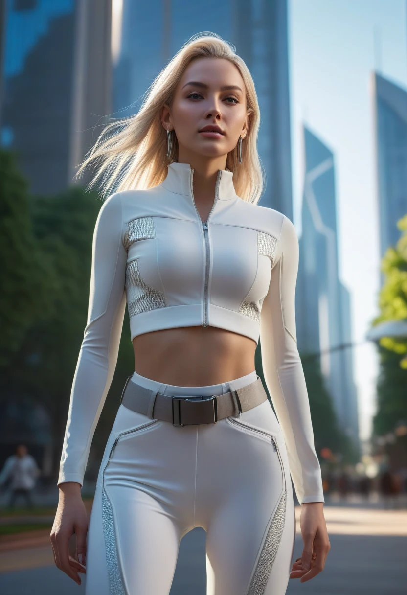 8k, RAW photo, best quality, ultra high resolution, photorealistic, realistic photo of skinny blonde girl dancer, (skinny blonde girl, 20 years old, most beautiful slavic girl in the world, blue eyes, slim face, blonde hair, wavy hair), in the dubai downtown, dubai, scyscrapers, burj khalifa, bright light, (full body picture), photo from the side, standing posing for picture, sexy pose, wearing white top, (white top), wearing white latex yoga pants, (white latex yoga pants), wearing scarf, (scarf), looking at viewer, sexy face, High Detail, Sharp focus, bright light)