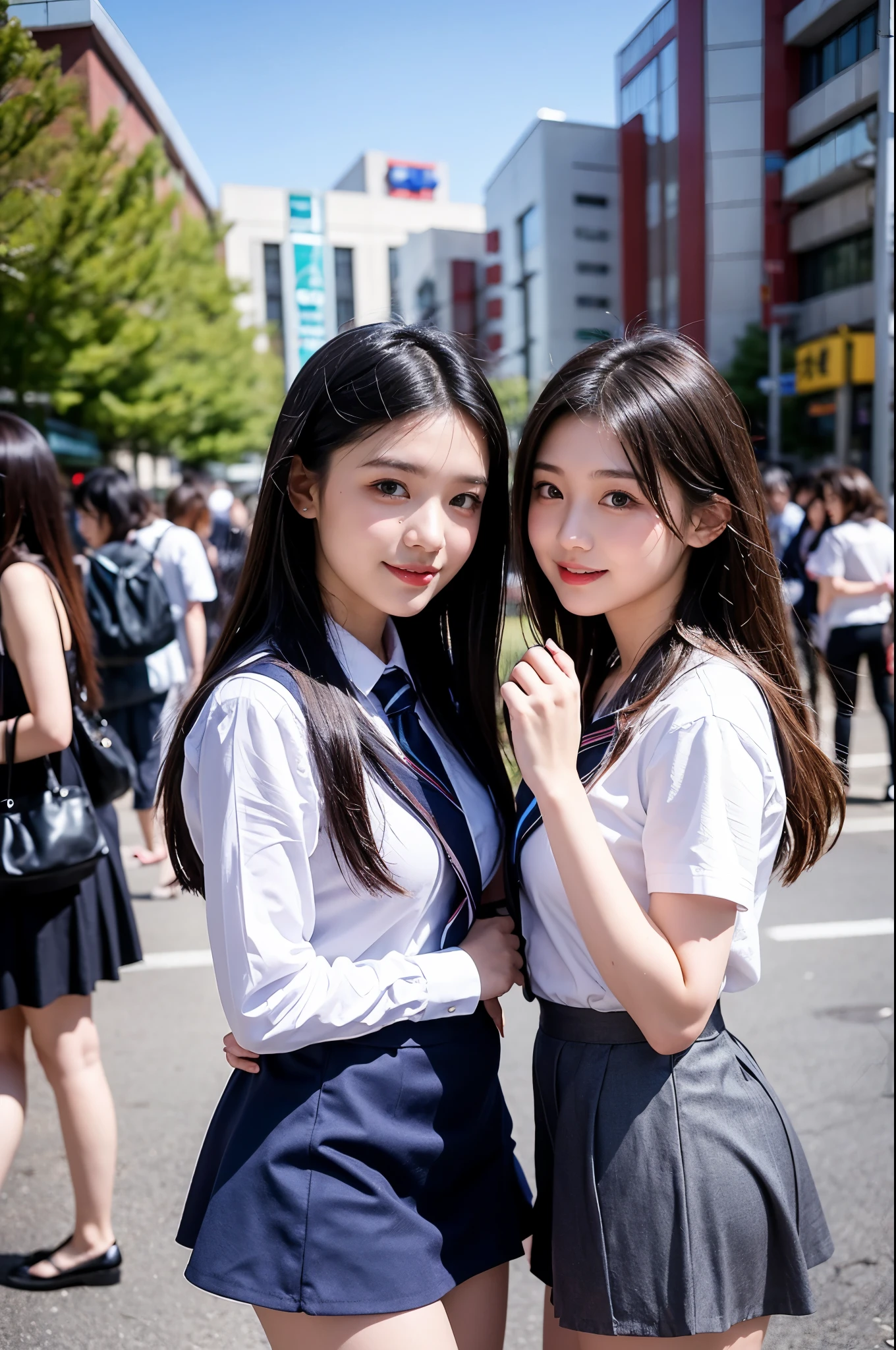 Two girls (18 years old, Japanese pretty face) are wearing high school uniforms with mini skirt on Spring sunny day.