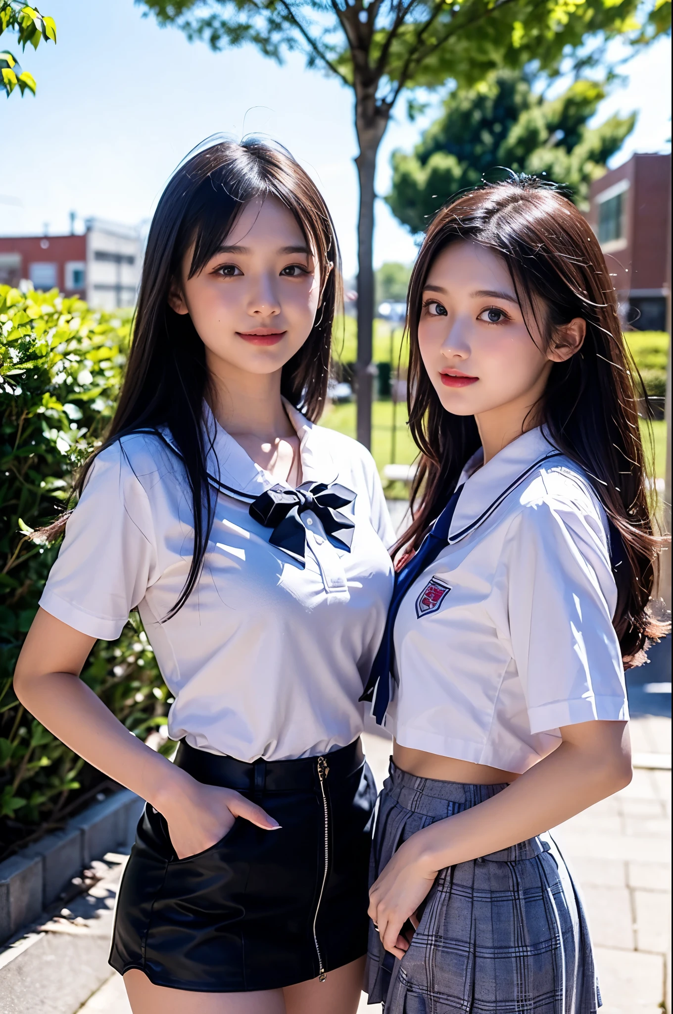 Two girls (18 years old, Japanese pretty face) are wearing high school uniforms with mini skirt on Spring sunny day.