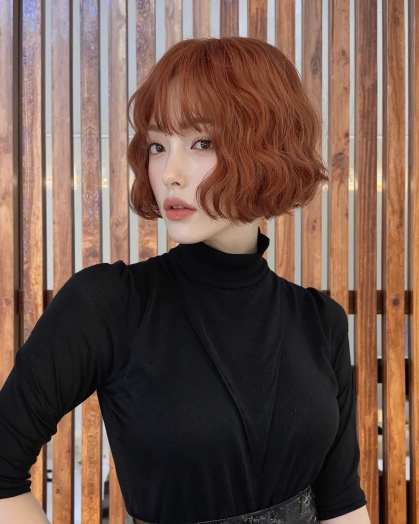 Redhead woman wearing black turtleneck with grey leggings
