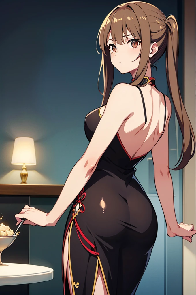 sharp yellow eyes, age girl, from behind, gray hair short red dress with black polka dots thick thighs, turning to front, hair with gray ponytail, with, chara, Two-dimensional, standing in a classical dance hall (view from below ) underwear.