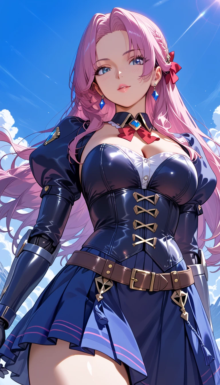 8k_wallpaper, extremely detailed eyes, extremely detailed body, (large masterpiece digital art), (detailed manga illustration), (detailed line art), ((perfect anatomy)), (intricate details:1.3), (ultra-detailed:1.3), (illustration:1.3), (sharp focus:1.3), (natural lighting:1.05), (vivid colors:1.3), (masterpiece), best quality, expressive eyes, perfect face, 1girl, armor, belt, black mask, breasts, gauntlets, (village background), hair intakes, long hair, headband, holding weapon Japanese armor, katana, large breasts, mask, ninja, ninja mask, shoulder armor, skintight, solo, sword, weapon, detailed Pink Hair, detailed (orange eyes), muscular, muscular female, (dark skin), {{dark skinned female}}, ice crystals, snow, ice,