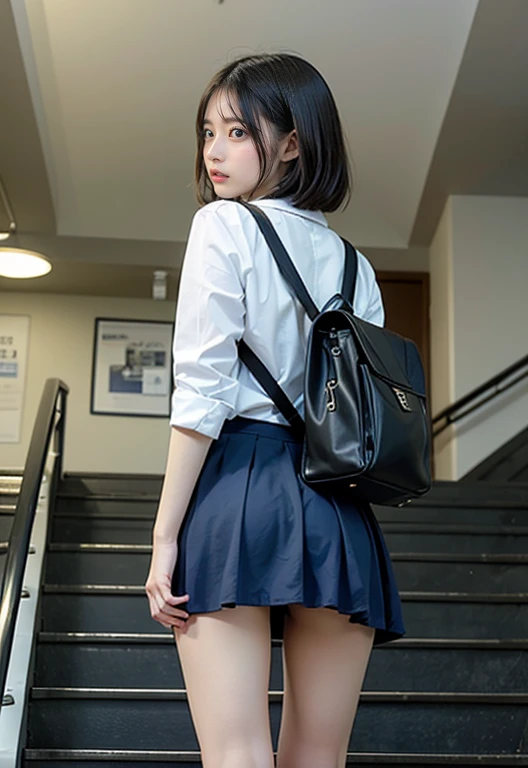 (unity 8k wallpape),(best quality),(high resolution),(ultra-detailed),(perfect anatomy),(beautiful detailed eyes),Subway stairs,Looking up from below,Two girls climbing the stairs,Uniform BREAK,(2girls),(Two Japan Girls),Two people climbing the stairs together,15yo,Sailor suit,Navy blue mini skirt,Whiteソックス,Student bag in one hand,Skirt flipped up by the wind,WhiteTPanties on the back,(Panties that dug into the buttocks:1.3),BREAK,Shooting from a low angle,From a little distance2Photographing people,Photograph the whole body,Put your smartphone under your skirt,BREAK,A girl notices being spied on and turns around,