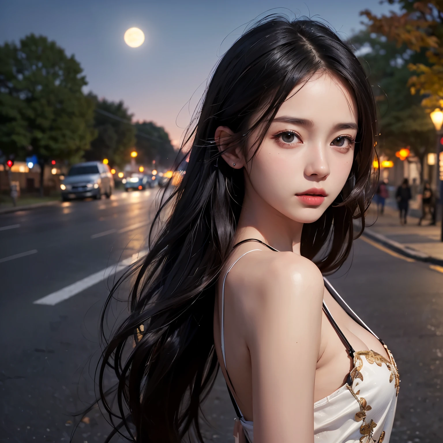 a beautiful girl with long flowing black hair, wearing a elegant evening dress, standing on a moonlit city street, (best quality,4k,8k,highres,masterpiece:1.2),ultra-detailed,(realistic,photorealistic,photo-realistic:1.37),beautiful detailed eyes,beautiful detailed lips,extremely detailed face,longeyelashes,moonlit night,cityscape,street scene,glowing moon,dramatic lighting,cinematic,intricate details,muted colors,warm tones