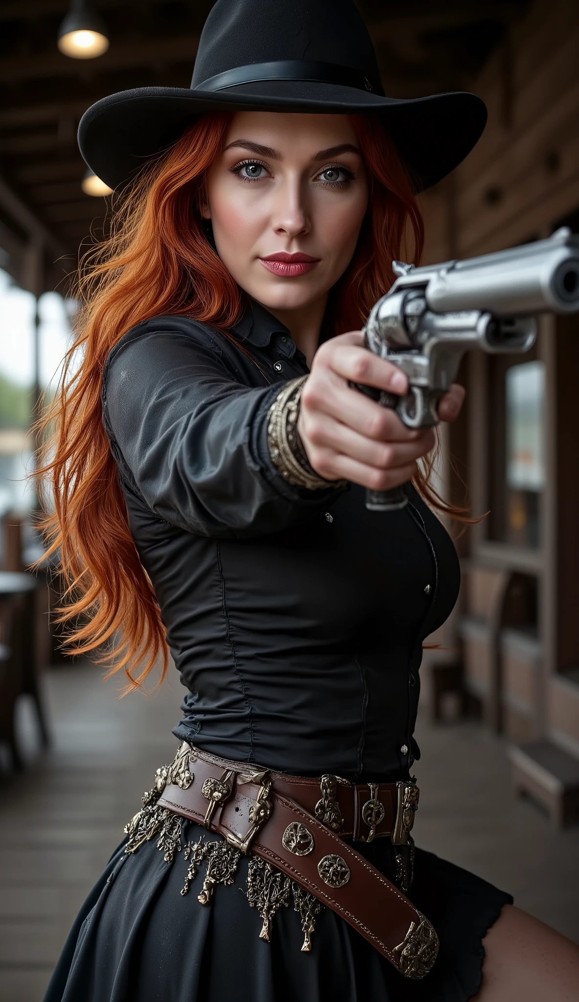 ((Colt Single Action)) a Wild West cowboy woman (shooting a Colt Single Action revolver in her hand)
She is ((((slut))),(bitch) (((huge ass))) (and ((full body)) ((she is standing)), legs spread ((inner body)) (1 girl, alone, beautiful detailed eyes, beautiful detailed lips, extremely detailed eyes and face, (wears cowboy hat)((wears high boots)), (slut), long eyelashes, (big breasts), (((apple butt))), dentate skin, nude, ((((nude))), ((high heel shoes)), ((legs wide open) long hair, looking back, looking at viewer, smiling, from behind, ((in a brothel)), erotic,
(best quality, 4k, 8k, high resolution, masterpiece : 1.2), ultra detailed, (realistic, photorealistic, photorealistic : 1.37), vibrant colors, dramatic lighting (((( Super realistic - ultra realistic )))) ((( Wild West Town ))
Shot in ultrarealistic style with an Arri Alexa LF simulation, 50mm f/1.2 lens, capturing every pore of her skin, the texture of her leather, and the reflection on the metal of her gun. Tiny imperfections—asymmetry, dirt, sweat—add rawness. Background blur (bokeh) isolates the action. Tension and movement freeze in a hyper-detailed photographic frame that looks like a still from a lost Sergio Leone epic with a neo-Western twist.