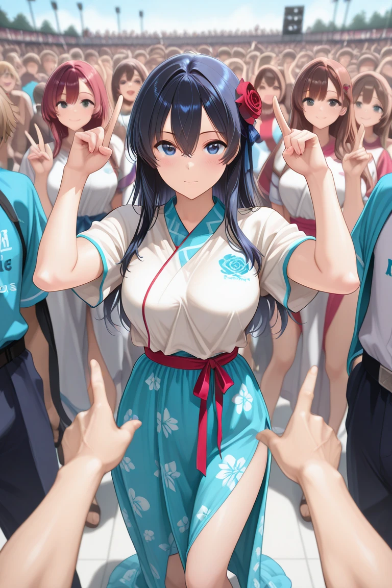 anime high school girl, Put on a sexy kimono, short kimono, bare arms, Bare back, bare shoulders, walk, long hair, light blue hair, look at the audience, blue eyes
