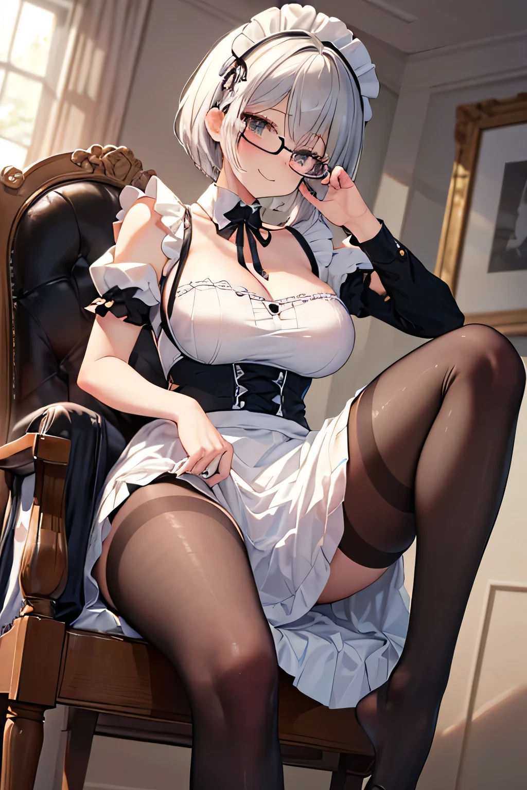 best quality, masterpiece, ultra-detailed, illustration, solo, 1girl, mature female, huge breasts, nipples, nsfw, short hair, pony tail hair, glasses, maid dresses, pantyhose, fetish, spread legs, erotic pose