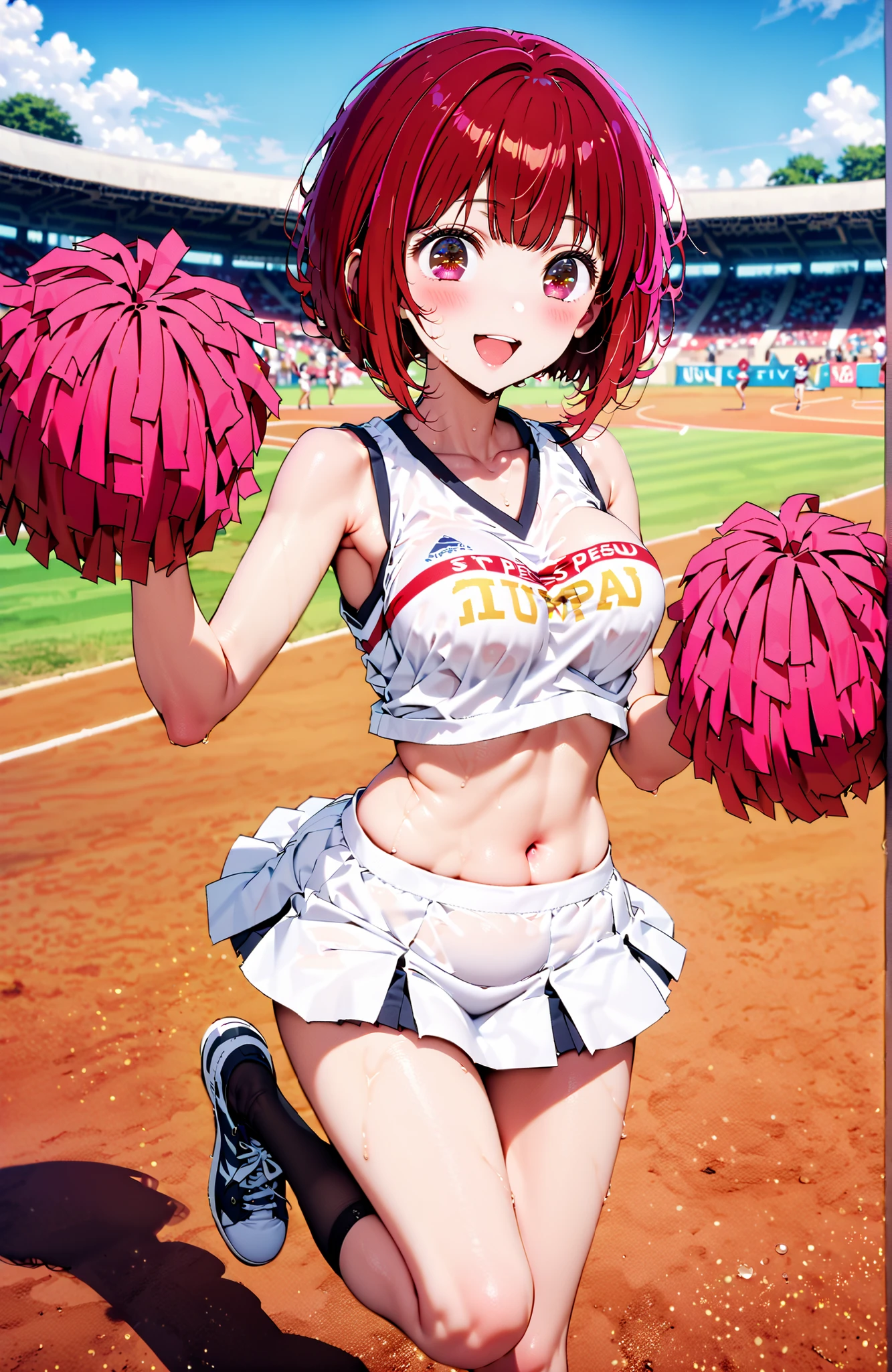 score_9, score_8_up, score_7_up, source_anime,
Arima etc., short hair, bungs, Red Eyes, red hair, bob cut,Medium breast, smile,blush,open your mouth,(Cheerleading), (full body),  on chest, (sweated), sweated Wet Clothes, (white clothes),sleeveless, pleated skirt,black socks,sneakers,belly button out,Under boob, playground, (jump), (jump), 足を曲げてjumpする,blue sky,  Compa, smile,cheerleader, Pom-pom \(Cheerleading\) real hair ornaments,full bodyがイラストに入るように,audience,in their 40s outdoors, stadium,
in their 40s looking at viewer,full body,
in their 40s (masterpiece:1.2),Highest Quality ,Kampala,unity 8k 壁紙,(shape:0.8),( fine and beautiful eyes :1.6),It's a person ,full body写真,CG Details , (perfect hand in h,complete anatomy),