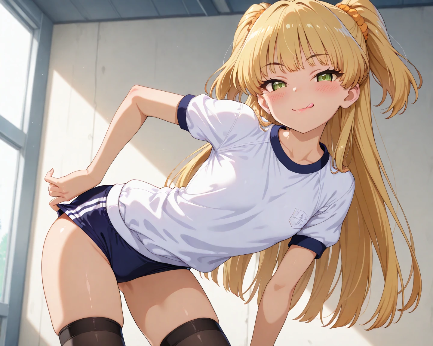 (Tabletop), highest quality, High resolution, 4K, One Girl, alone, blush、Shame face、Nice hands, 1 in, Side Ponytail, Long Hair, Ahoge, (Navy blue cuffs and white short-sleeved gym uniform)、(Bloomers are bikini type)、(
barefoot)、Navy blue socks、Big smile、Ground、Schoolyard、sit、((Legs apart))