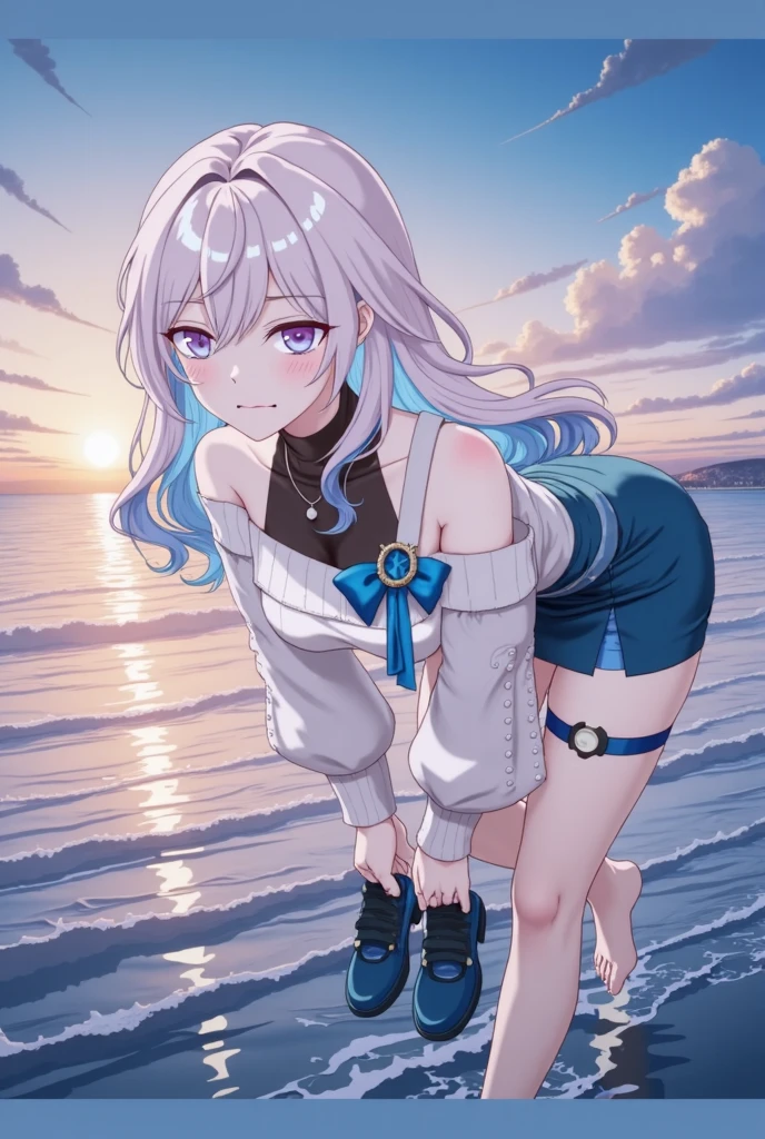 Emilia re:zero, purple eyes, Emilia, crown braid, x hair ornament, flower hair ornament, white hair, long hair, medium breasts, anime girl in a black swimsuit on a beach with a cat ears, is wearing a swimsuit, swimsuit, kantai collection style, bathing suit, cat ears, blue archive, halo, wet swimsuit, in retro swimsuit, smooth anime cg art, rimuru, realistic bikini, in dress, full body:: sunny weather::, seductive anime girl, at the beach