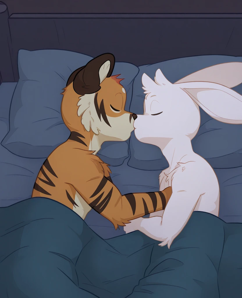 Duo, Female and Male, (Anthro deer, Short Brown hair, Brown fur with white spots, Green eyes, Small breasts, White button up shirt, Blue panties, Blue tie, White tights, Black collar chocker), Detailed background, Dark hotel bedroom, Lights tuned off, Tape mouth gag, Hands tied with tape, Legs tied with tape, Laying down on bed, Eyes closed, Night, Very dark room, Breasts exposed, Nipples, Male fingering pussy on Female