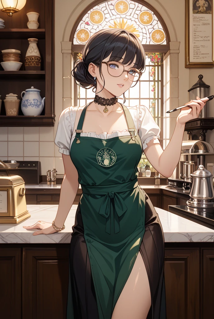 "1girl cooking in a charming vintage kitchen with a cozy cottage atmosphere, enchanting fairies dancing in the sunlight peeking through the window, lovely light brown hair, captivating light green eyes, apron.", green suit, white shirt, green corset, pink bowtie, pink shorts, wine glass, at a bars kitchen