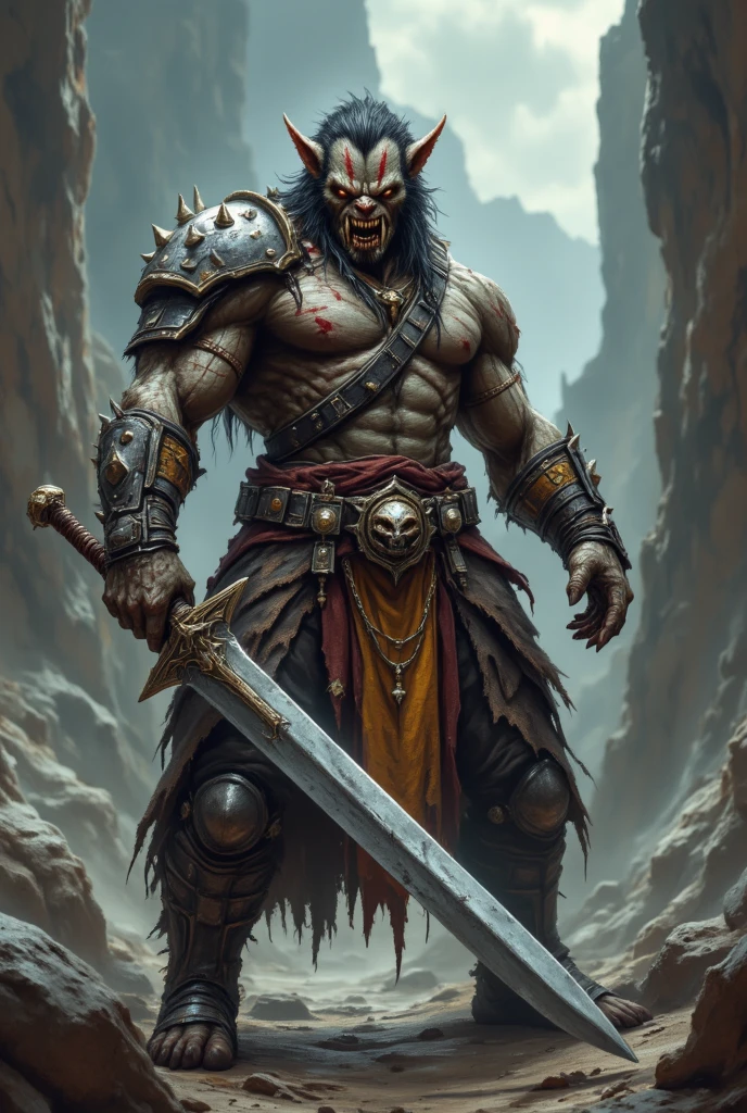 A 40ish man devotee of Warhammer chaos god Nurgle, (bedraggled, black hair, brown eyes, dirty and dingy, european features, dirty worn clothing, tabard with christian markings, obvious chaos tain assorted holy symbol necklaces dagger and mace on belt) walking a trail