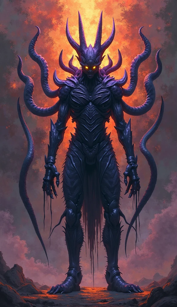 cthulhu eats the sun, Cosmos, solar system, destroyed buildings on the planet in the background