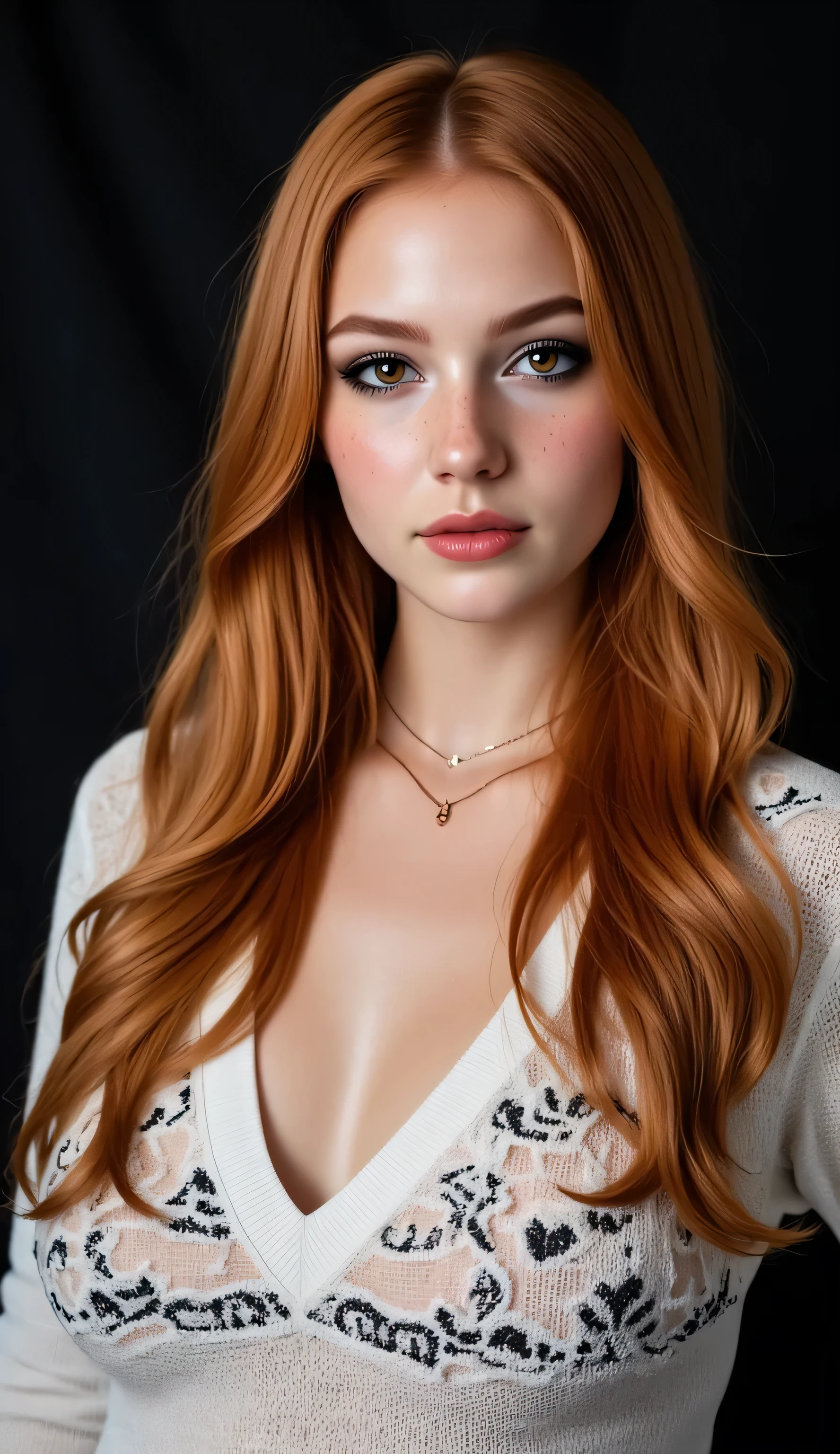 ((realism, photorealistic, life-like photograph)), beautiful French 18year supermodel, very long wavy red hair with light ginger highlights, blackout eyeshadow, red lips, freckles, white black silk pattern sweater, ((((portrait, closeup face, she has a very dark suntan, her tan skin is flawless)))), delicate copper chain necklace, she's standing in a dynamic full-body modeling pose, slight side view, nothing in the background but a black screen at her modeling shoot