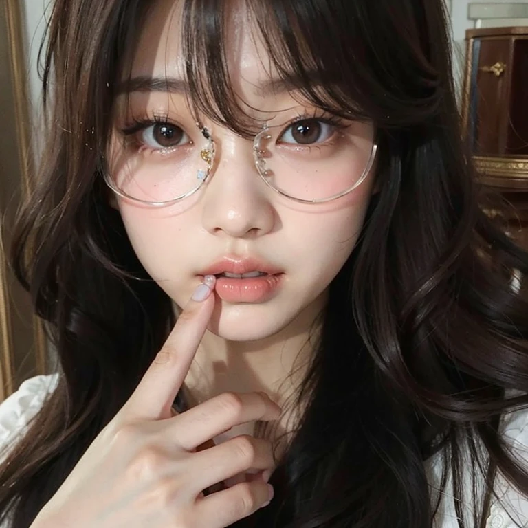 Girl with glasses,Has a cute Korean face and a clear and cute face,with a round face,jaeyeon nam,young lovely Korean faces,8K selfie photo,ulzzangs,soft round face,Accurate facial features,Small round glasses。 --auto