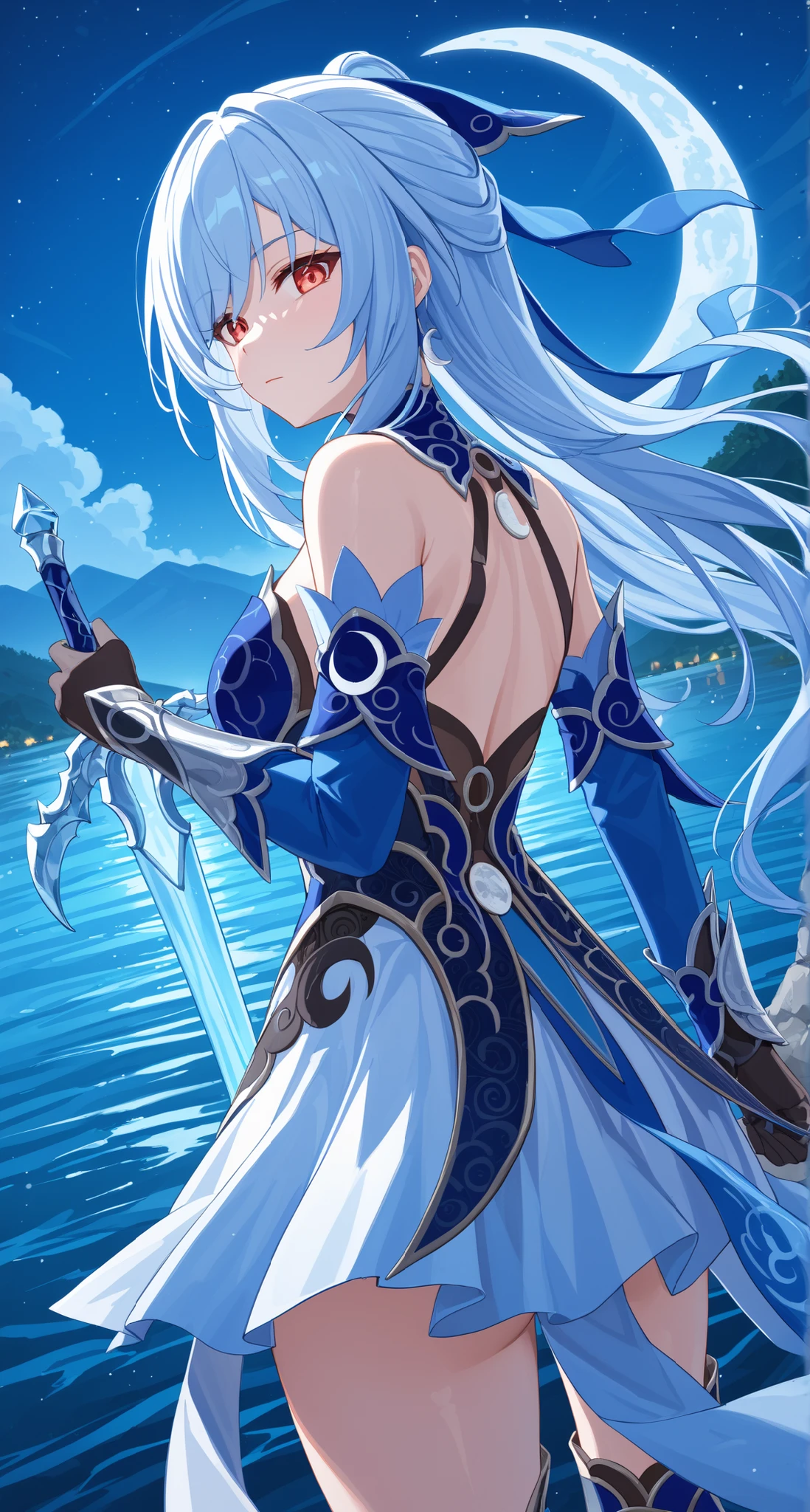nsfw,Jingliu,glass cover,back shot,alternate color,masterpiece,detailed illustration,lifelike,{{{1Jingliu}}},shiny beautiful woman,cinematic lighting,dynamic angle,dynamic pose,depth of field,looking at viewer,1girl,jgsd,red eyes,blue armored dress,white skirt,tassels,hair ribbon,black gloves,blue sleeves,armored boots,light blue skirt,lake,night,midnight sky,crescent moon,holding an Ice sword,expressionless,standing,contrapposto,arched back,open legs,from below,thigh focus