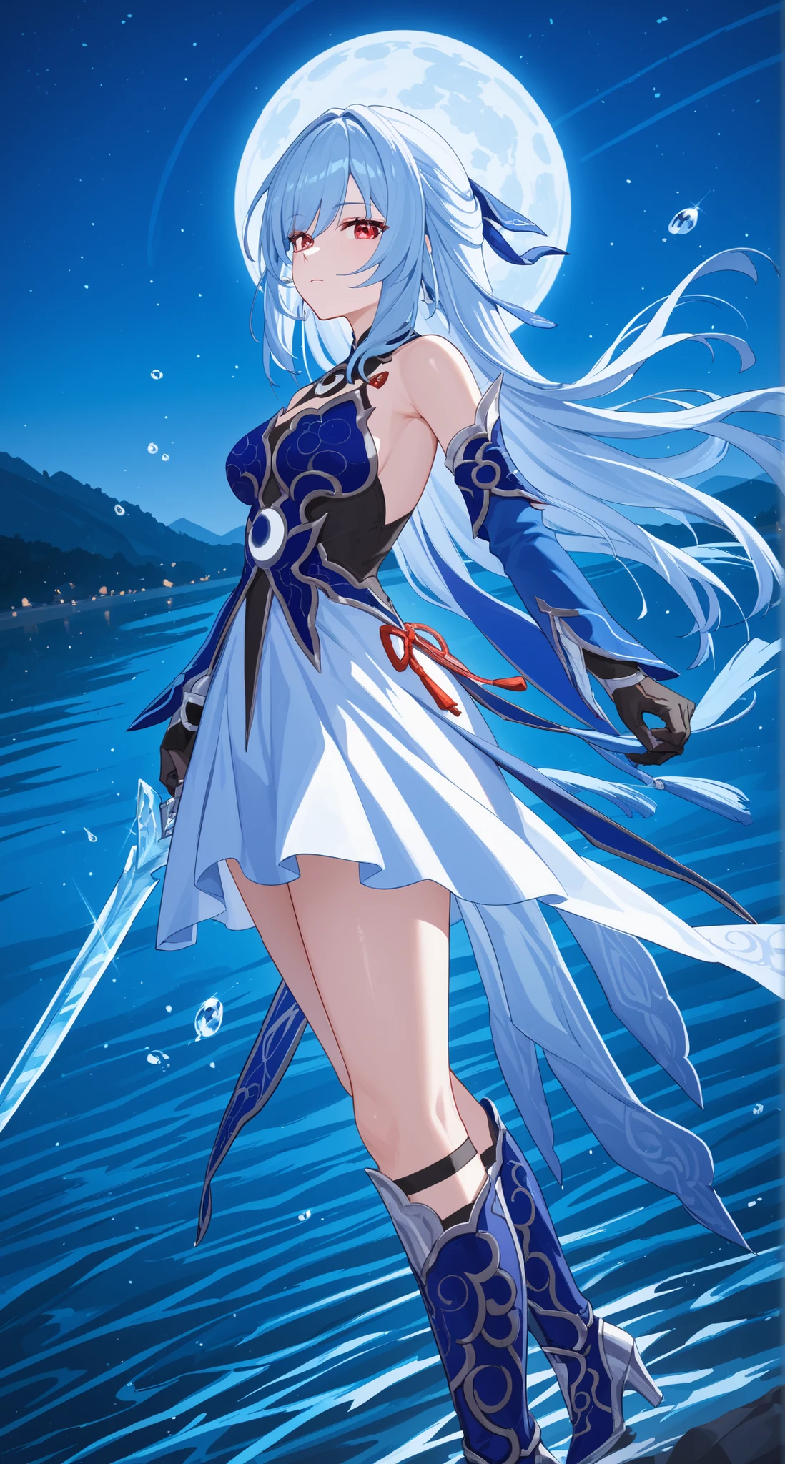 nsfw,Jingliu,glass cover,side shot,alternate color,masterpiece,detailed illustration,lifelike,{{{1Jingliu}}},shiny beautiful woman,cinematic lighting,dynamic angle,dynamic pose,depth of field,looking at viewer,1girl,jgsd,red eyes,blue armored dress,white skirt,tassels,hair ribbon,black gloves,blue sleeves,armored boots,light blue skirt,lake,night,midnight sky,crescent moon,holding an Ice sword,expressionless,standing,contrapposto,arched back,open legs,from below,thigh focus