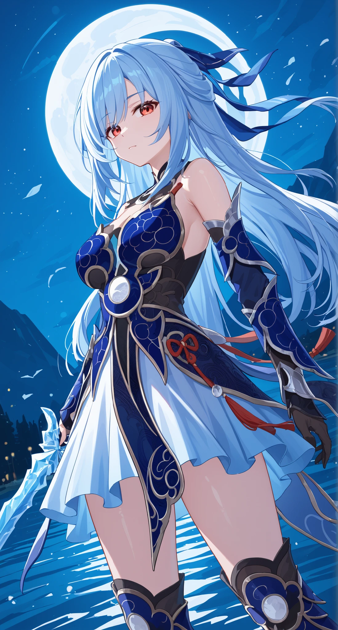 nsfw,Jingliu,glass cover,side shot,alternate color,masterpiece,detailed illustration,lifelike,{{{1Jingliu}}},shiny beautiful woman,cinematic lighting,dynamic angle,dynamic pose,depth of field,looking at viewer,1girl,jgsd,red eyes,blue armored dress,white skirt,tassels,hair ribbon,black gloves,blue sleeves,armored boots,light blue skirt,lake,night,midnight sky,crescent moon,holding an Ice sword,expressionless,standing,contrapposto,arched back,open legs,from below,thigh focus