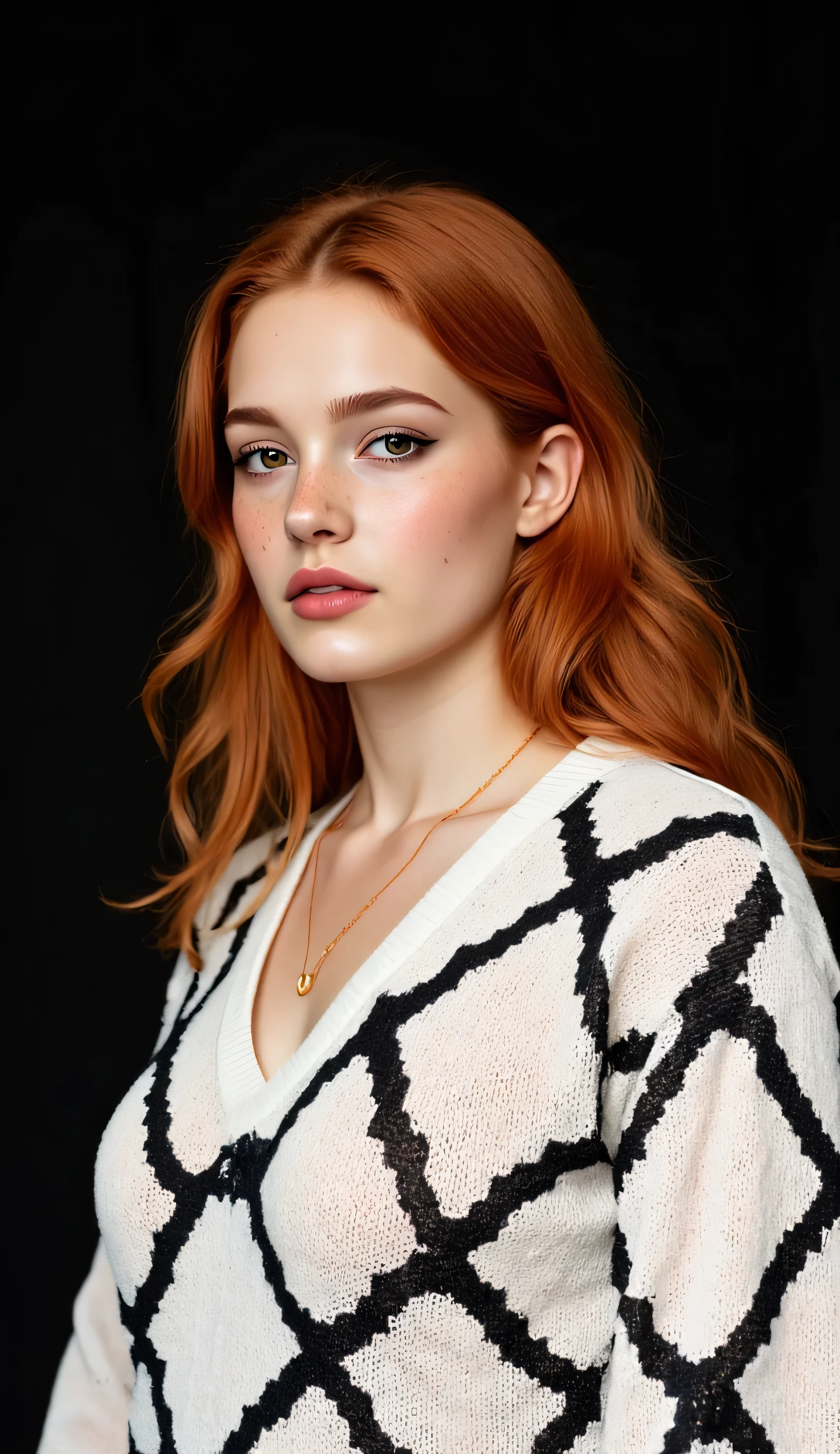 ((realism, photorealistic, life-like photograph)), beautiful French 18year supermodel, very long wavy red hair with light ginger highlights, blackout eyeshadow, red lips, freckles, white black silk pattern sweater, ((((portrait, closeup face, she has a very dark suntan, her tan skin is flawless)))), delicate copper chain necklace, she's standing in a dynamic full-body modeling pose, slight side view, nothing in the background but a black screen at her modeling shoot