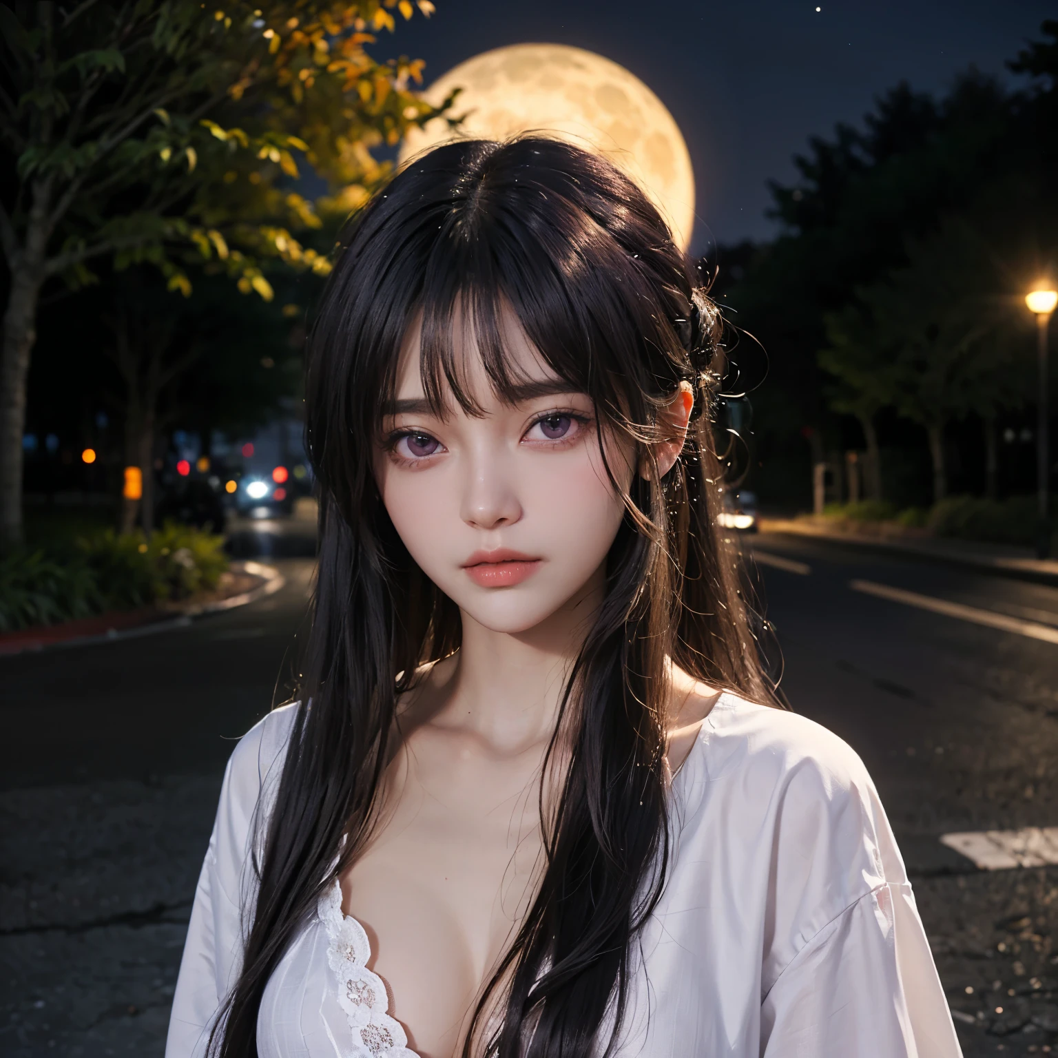 beautiful images、universe、fantasy、moon、shooting start or herd、teenage girl、black eye、hair is bob、cute face、starry sky、Japanese、high school girl、thunder、naked、cute breasts