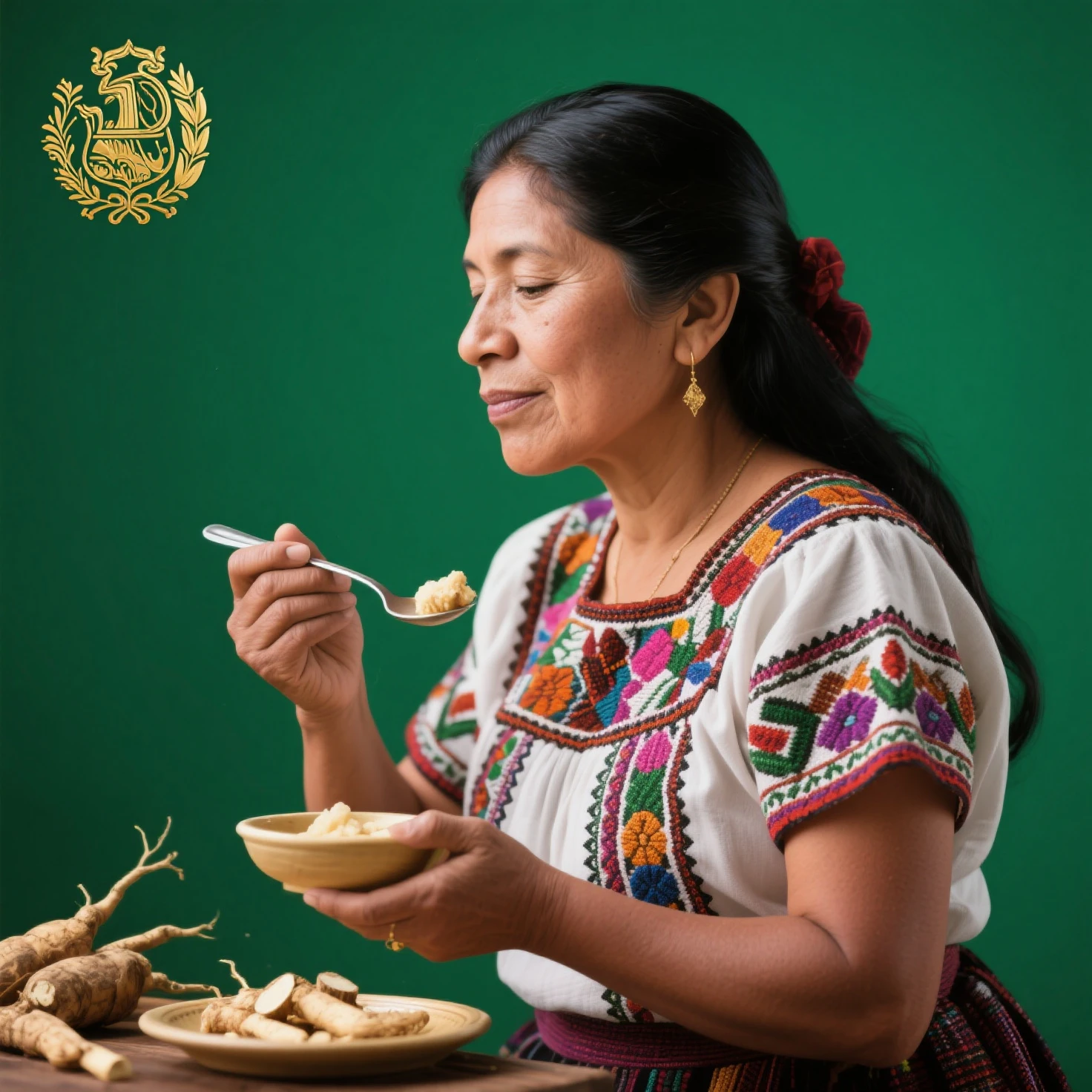 Lady between 40-45 years old, chubby in a yellow dress, with Cuban descent, and yellow turban, with rings and snails in hand, White skin, and with skulls at the feet.