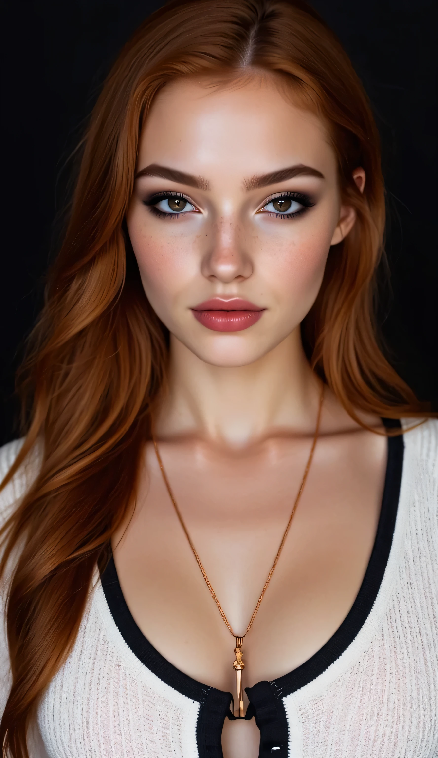 ((realism, photorealistic, life-like photograph)), beautiful French 18year supermodel, very long wavy red hair with light ginger highlights, blackout eyeshadow, red lips, freckles, white black silk pattern sweater, ((((portrait, closeup face, she has a very dark suntan, her tan skin is flawless)))), delicate copper chain necklace, she's standing in a dynamic full-body modeling pose, slight side view, nothing in the background but a black screen at her modeling shoot