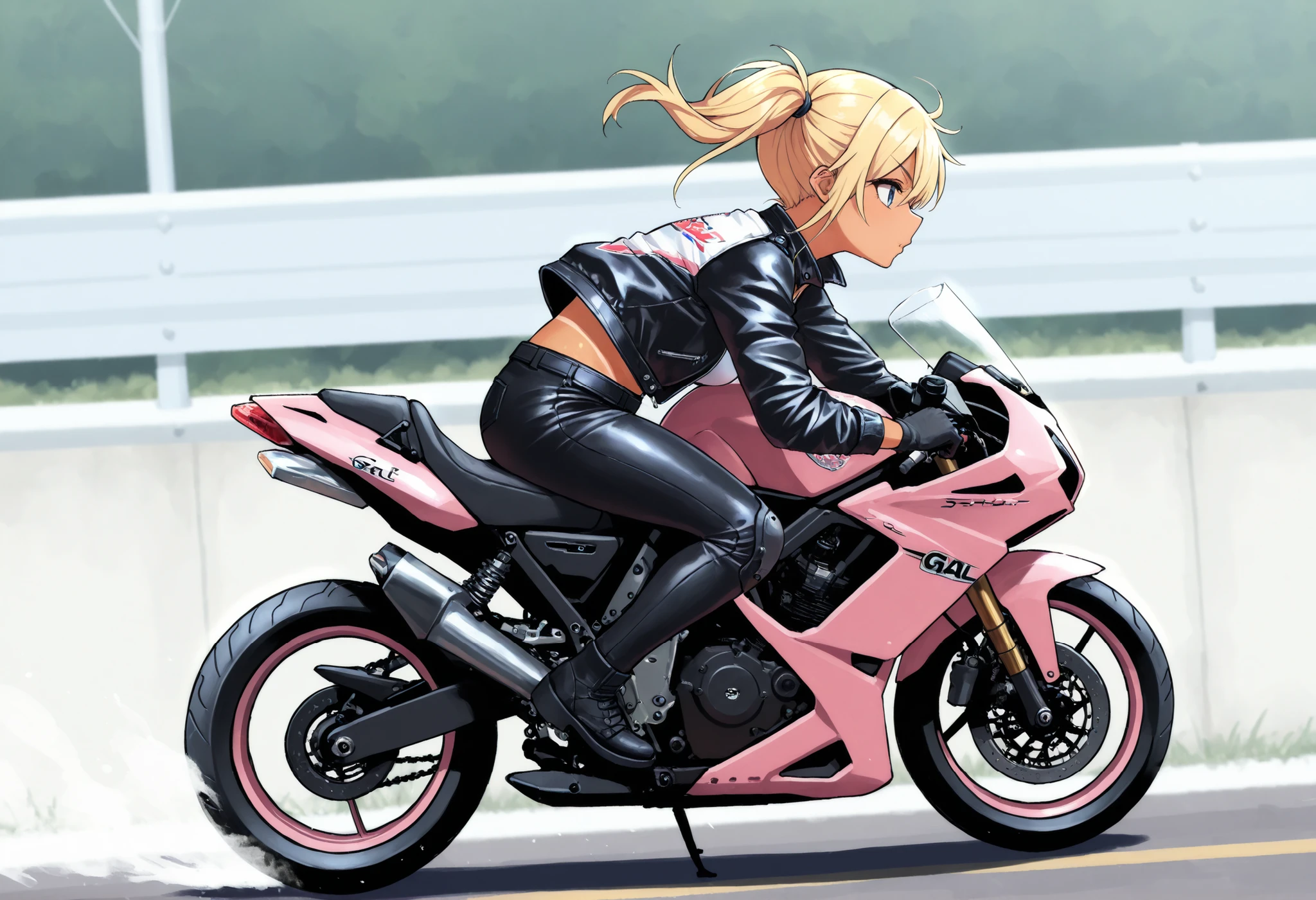 (((Best quality, 8k, Masterpiece: 1.3)), ((best quality)), ((masterpiece)), (detailed), Japanese gal, blonde, side ponytail, tanned skin, Motorcycle rider, shiny riders jacket, A gal driving a motorcycle, a sense of speed, Hair blowing in the wind, no helmet, Gripping the handlebars of a motorcycle, Extreme Speed, Composition (45 degree angle view), Gliding along the highway