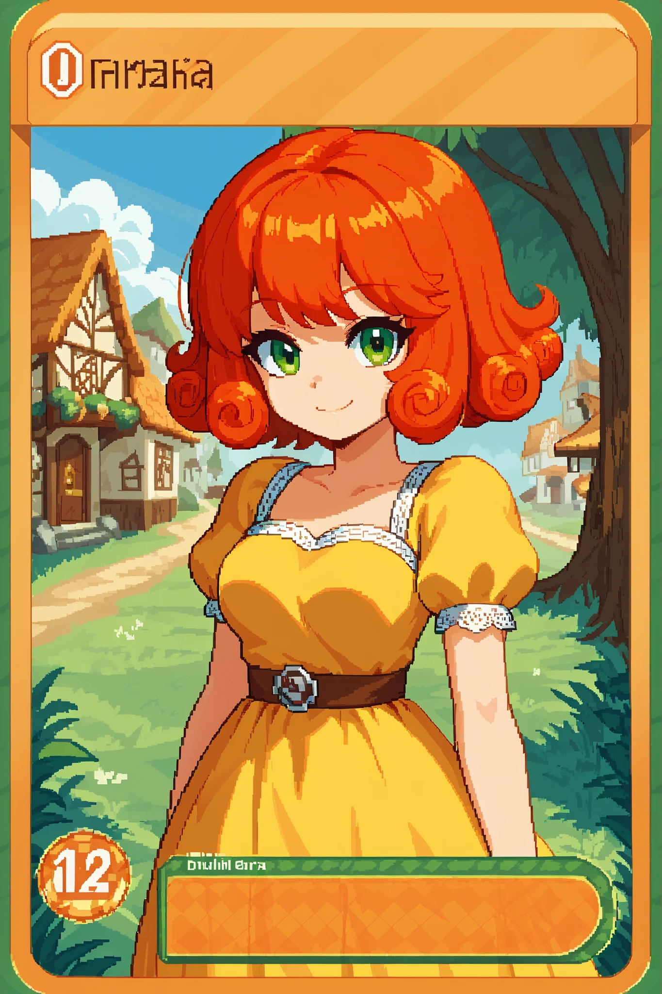 score_9, score_8_up, score_7_up, source_anime, 1girl, solo, pixel art, tr4dingcard, card (medium), english_test, common_rarity_icon, N, trading_card, white_trade_card_frames, solo, redhead BREAK
Short hair, red hair, bob_cut, bangs, curly hair, green eyes, medium breasts BREAK
Renaissance clothes, bodice, dirndl, yellow dress BREAK
Standing, looking at viewer, cute smile, closed mouth, upper body, portrait, (village), grass, daytime