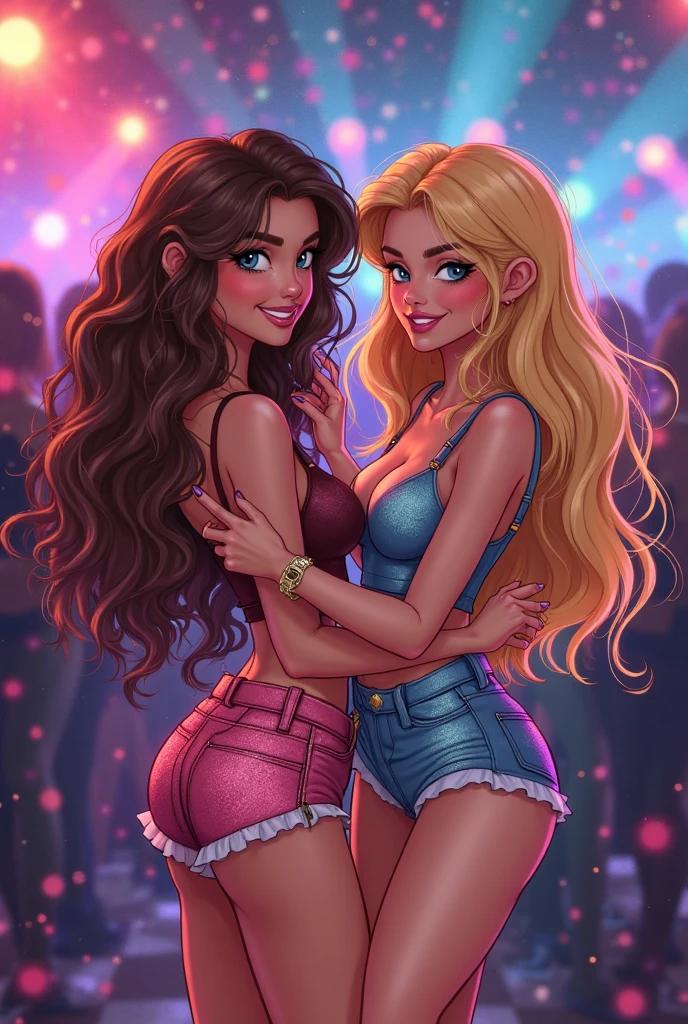 Beautiful portrait mode pose Cartoon character in dynamic pose two women together Jenna Ortega wandinha Adamms om 1,60cm on the left and along with a symmetrical body and beautiful breasts, corpo bem definido, delicado e sensual, estilo de desenho animado, digital illustration Jenna Ortega wandinha Adams Portrait mode