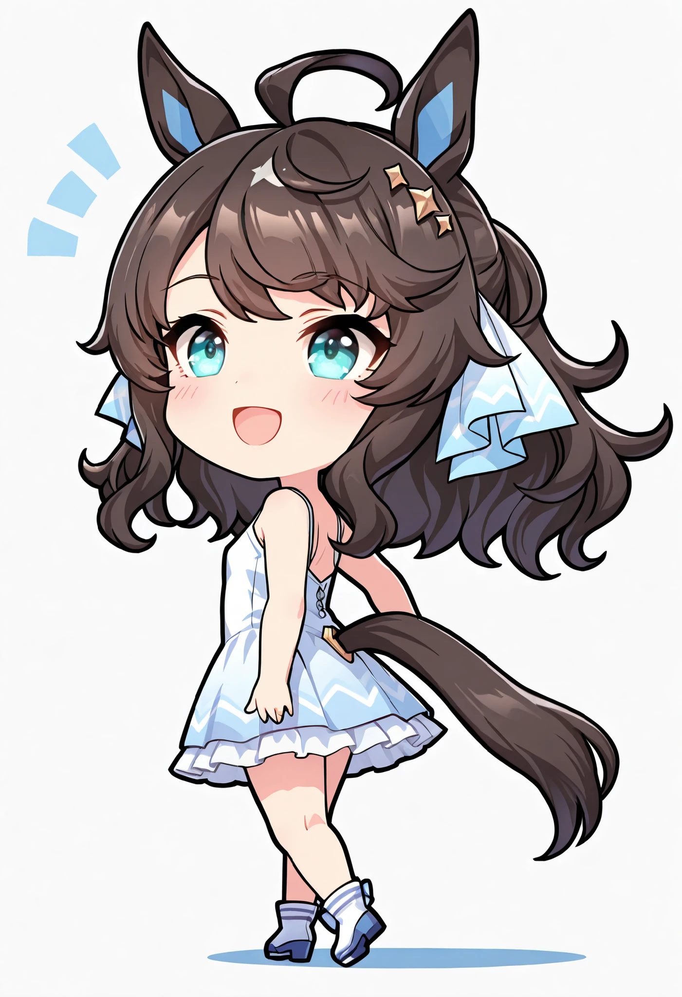 (((chibi))), (masterpiece, best quality, perfect face:1.4), wide angle, daring tact\(umamusume\), running figure, 1 girl, horse ears, hair ornament, hair ribbon, horse tail, tail on the lower back, proportional body, proportional,1 girl, beautiful hair, beautiful face, beautiful detailed eyes, beautiful clavicle, beautiful body, beautiful chest, beautiful thigh, beautiful legs, BREAK, blush happy smile (open mouth), white background,