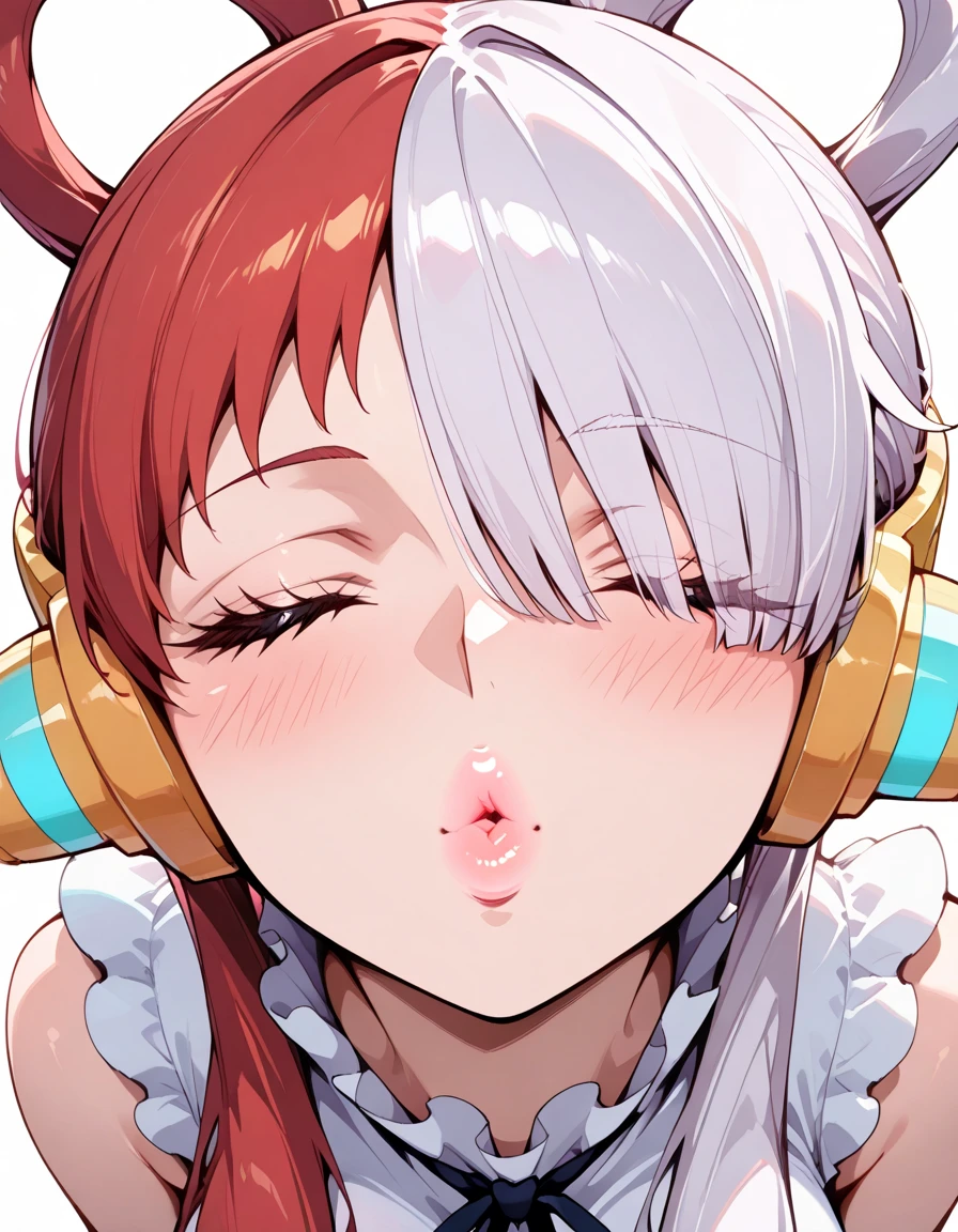 1 girl 1 boy, onepieceuta, uta, long hair, (purple eyes:1.1), white hair, red hair, multicolored hair, (hair over one eye:1.5), two-tone hair, split-color hair, hair rings, sidelocks, Villain, seductive smile, evil grin, headphones, VLickingPenisQuiron pose, penis and detailed vein, seductive smile, purple lips, looking at viewer, dynamic pose, daylight, hetero, nsfw, looking up, sharp focus, Masterpiece, (Best Quality), extremely detailed, hyper detailed, highres, blush, tongue, from above, saliva, cum on tongue ,facing front, Night beach,
