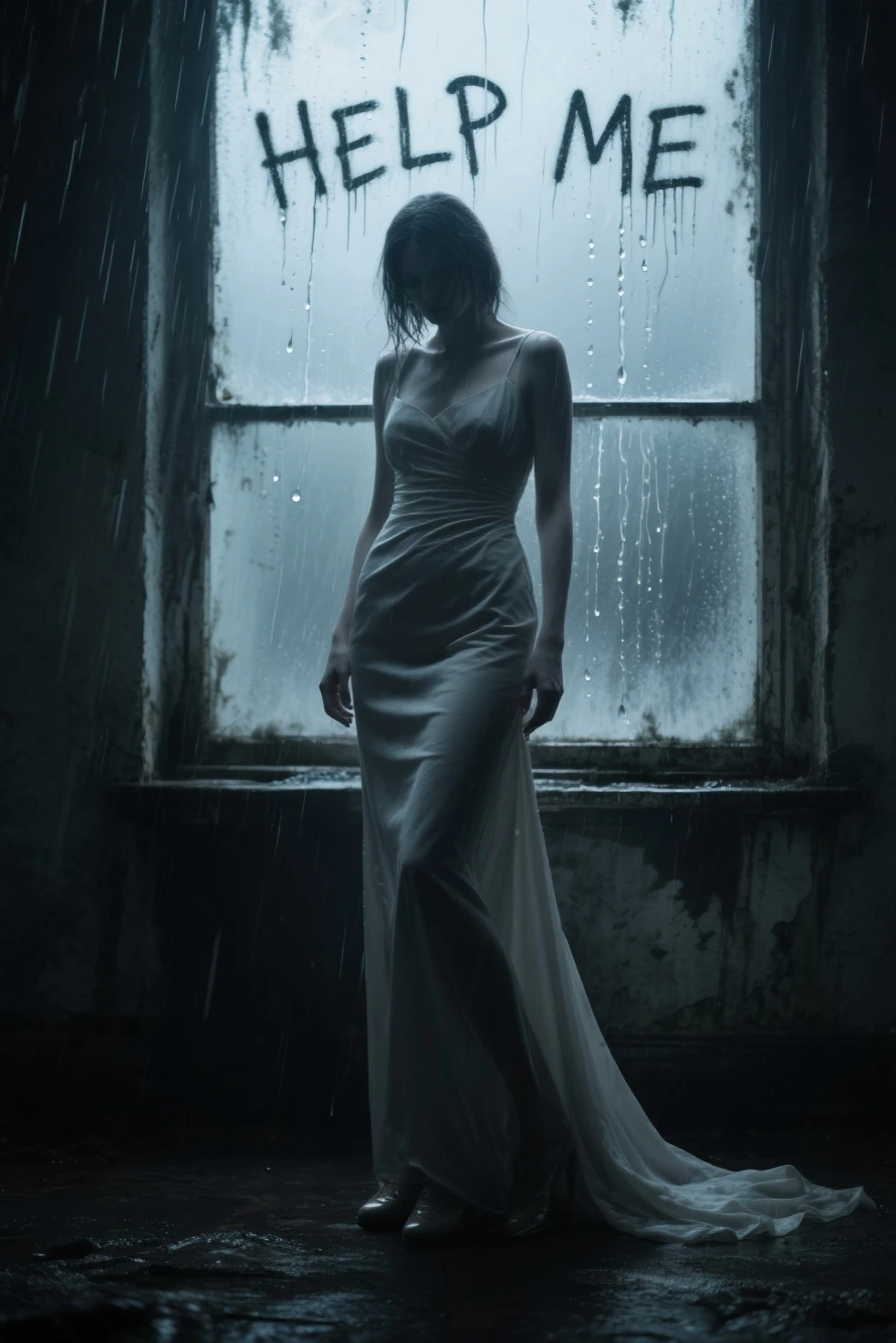 A naked goddess standing behind a rain-streaked glass, with the glass heavily distorted by water droplets and flowing streams, causing the features of the person to appear blurred and fragmented. Adding a layer of reflections from a pool, where the light dances across the glass surface, creating shimmering patterns and ripples of light that enhance the dreamy, abstract atmosphere. The background remains soft and gloomy, with muted colors blending into the scene, while the reflections introduce highlights,